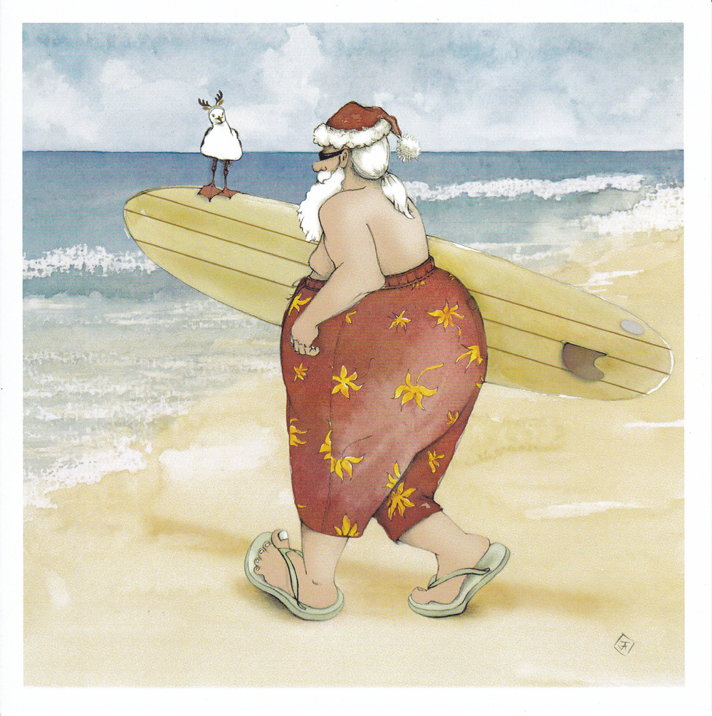 Retro Surfing Santa Christmas Card Series
