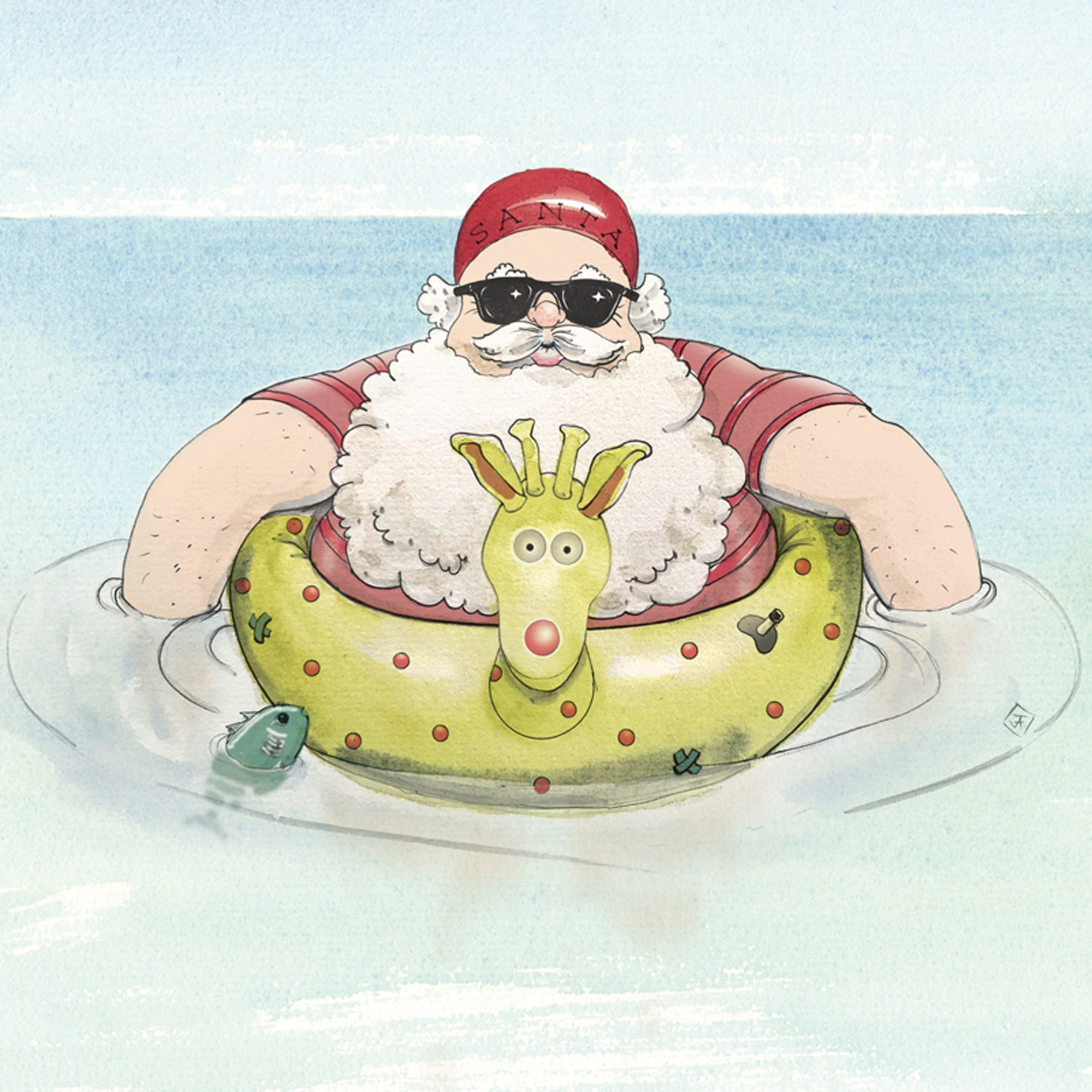 Retro Surfing Santa Christmas Card Series