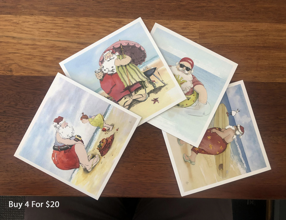 Retro Surfing Santa Christmas Card Series