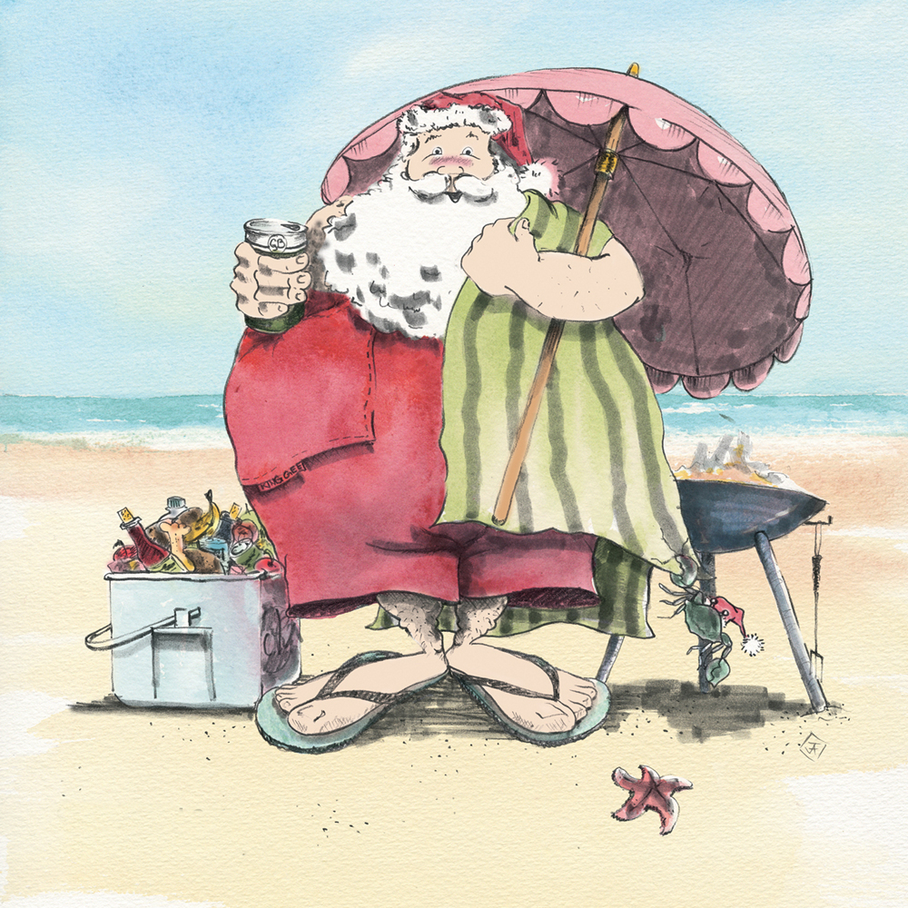 Retro Surfing Santa Christmas Card Series