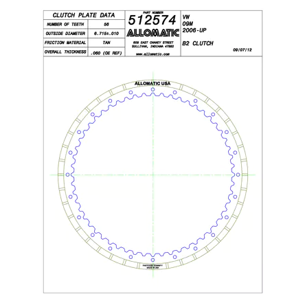 PLATO FRICCION TF60SN, TF70-SC, 09G, 09K, 09M REVERSA, B2 (56D/U6/.060) 03+ DELGADO ALLOMATIC 133105A