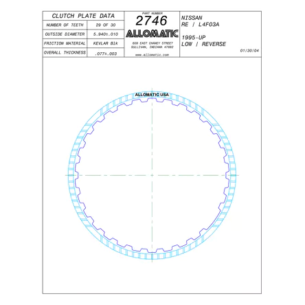 PLATO FRICCION RL4F03A, RE4F03A BAJA, REVERSA (29-30D/U5/.077) 95+ ALLOMATIC 99108A