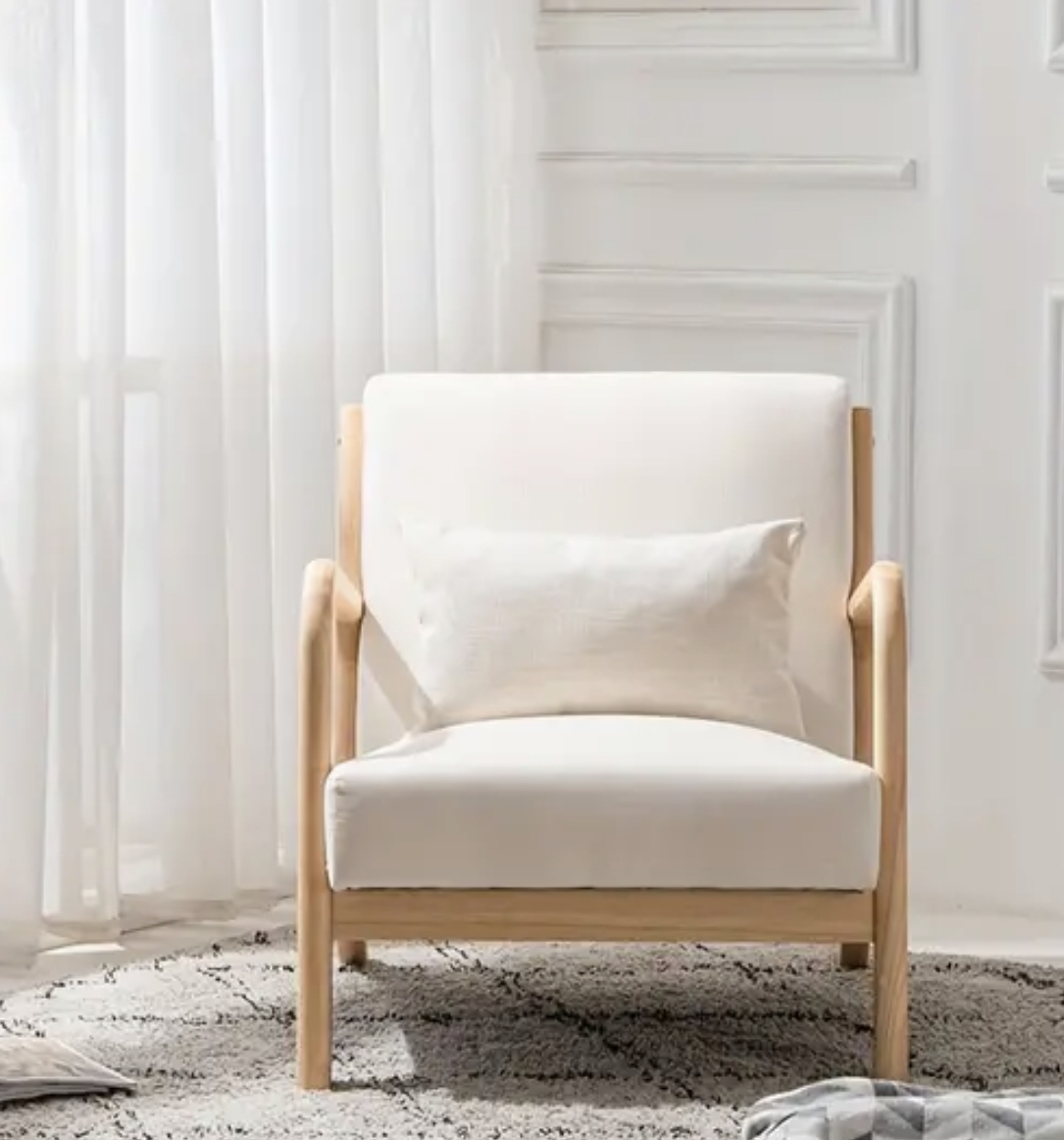Beige Upholstered Chair with Oak Frame