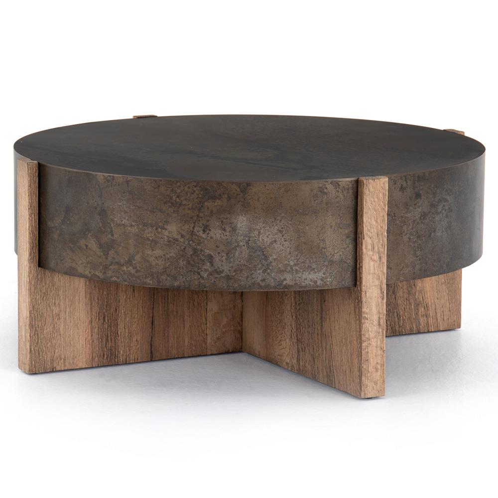 Round Patterned Iron Top with Oak Base Coffee Table