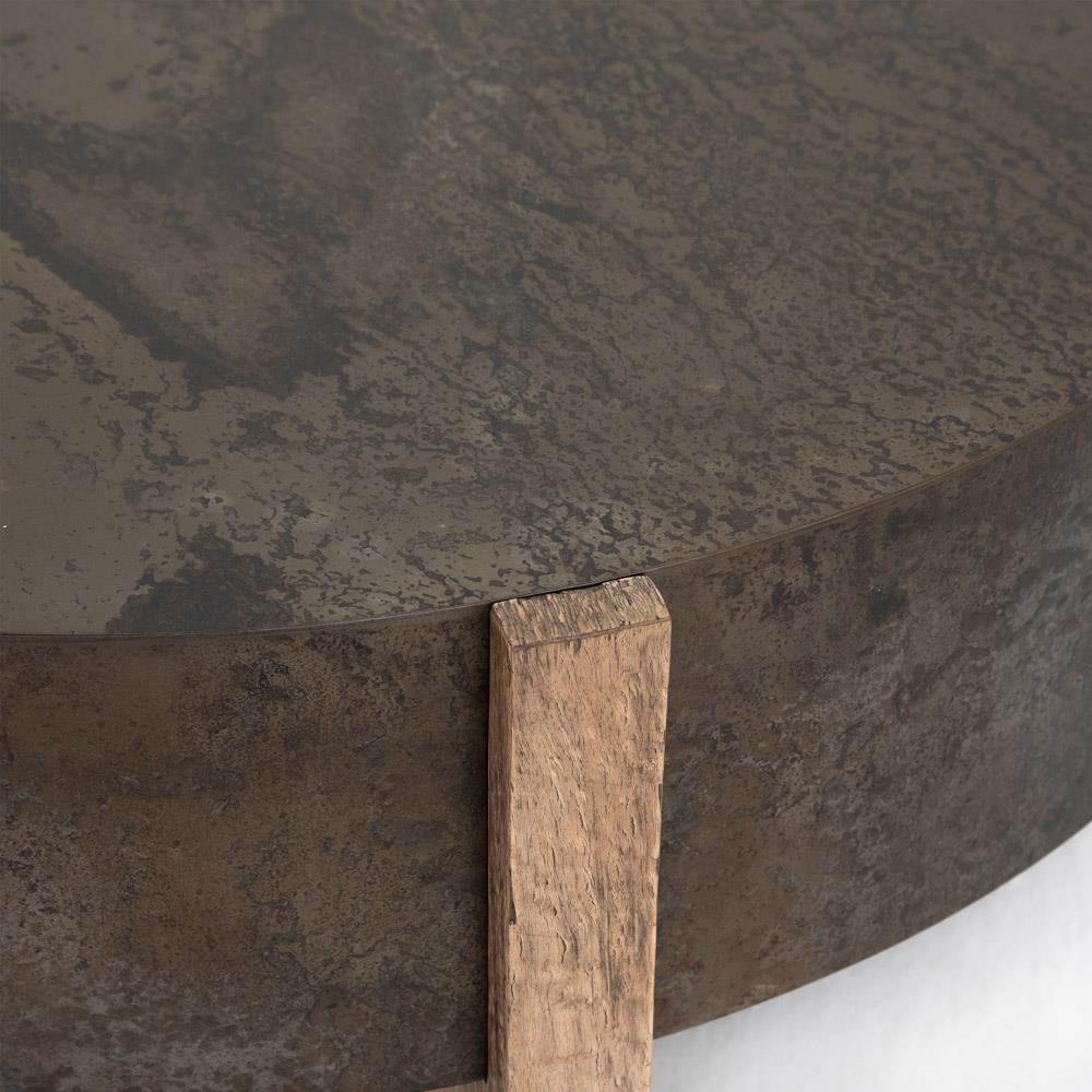 Round Patterned Iron Top with Oak Base Coffee Table