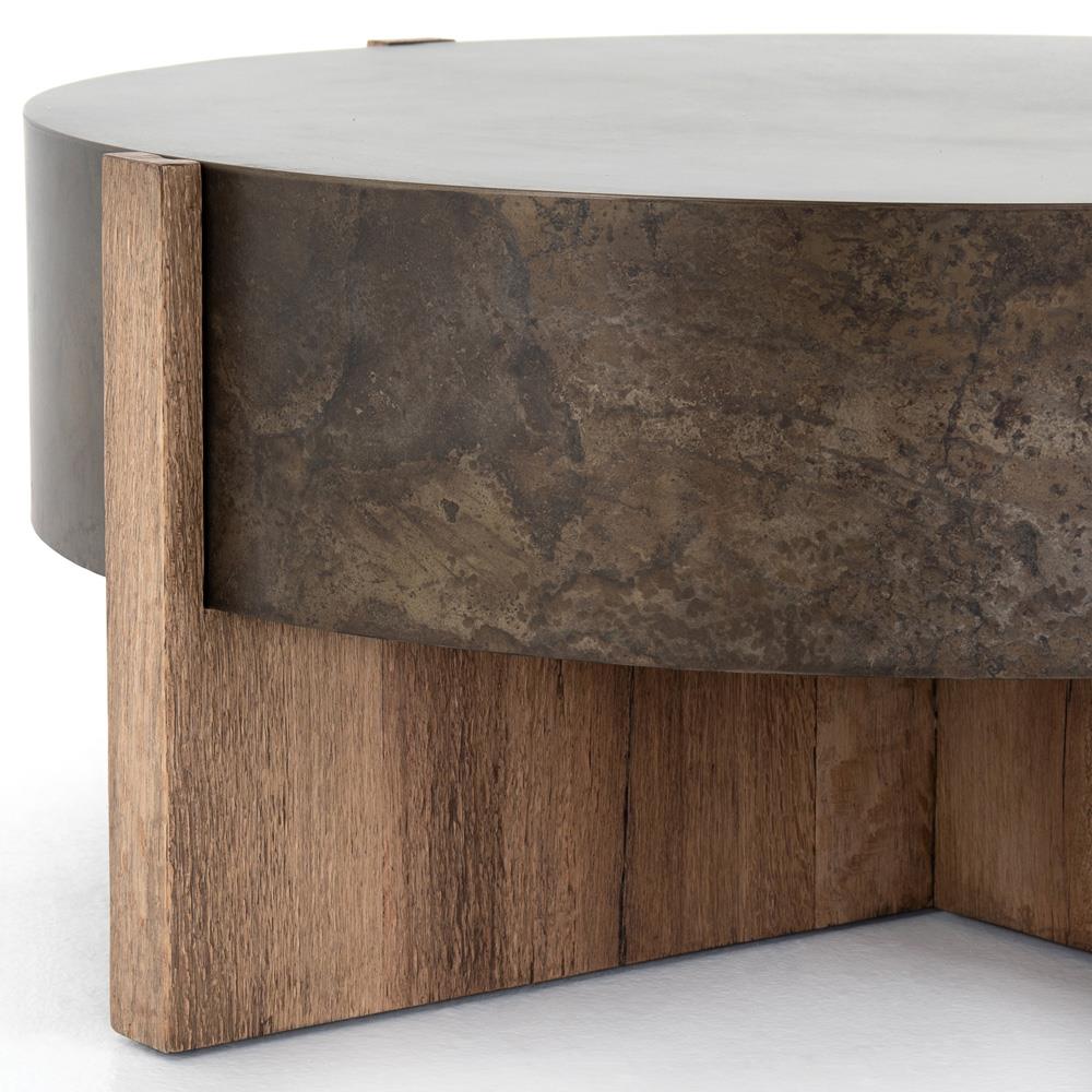 Round Patterned Iron Top with Oak Base Coffee Table