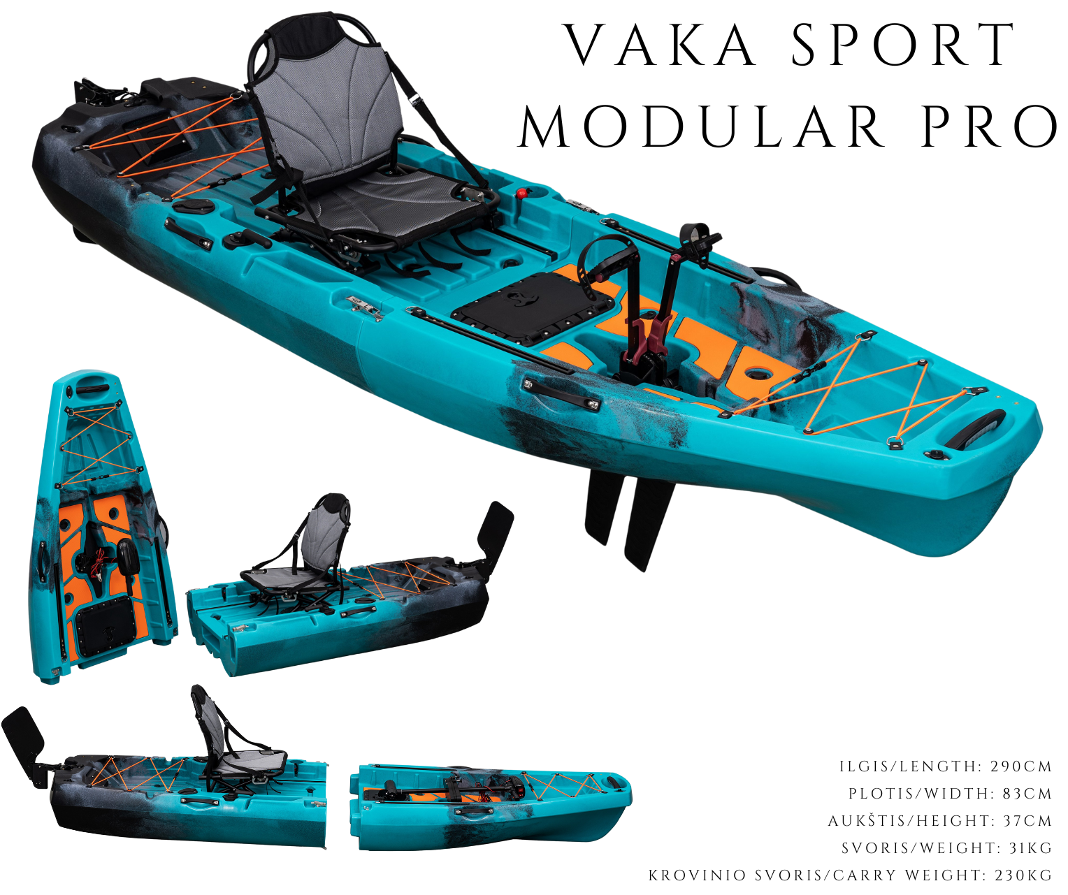 VAKA Sport MODULAR PRO - Vienvietis modulinis žvejybinis kajakas su pedalais
