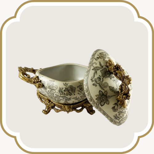 Bonbonnière ovale en porcelaine - Motif Vert Gris