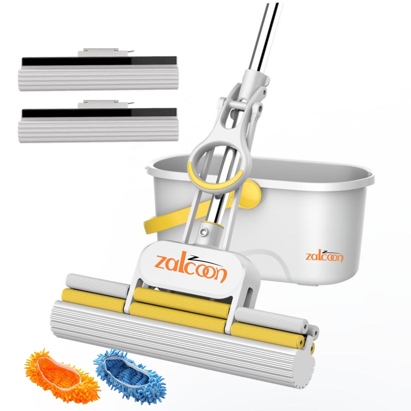 ZALCOON PVA Sponge Mop 33cm with Bucket, 2 Extra Ultra Absorbent PVA Sponge Refill & 2 Mop Slippers | Household Cleaning Tool for Kitchen, Tiles, Multi-Surface Hard Floors