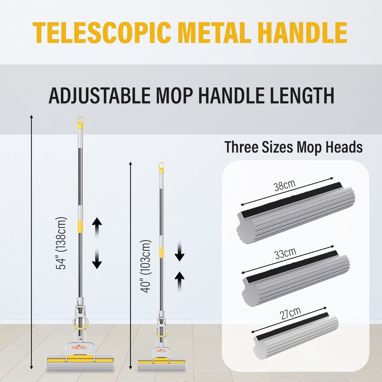 ZALCOON PVA Sponge Mop 33/27cm, Super Absorbent Foam Sponge Mop | Telescopic Handle, Quick Release Mop-head | Household Cleaning Tool for Hardwood, Multi-Surface Hard Floors (Pack of 1)