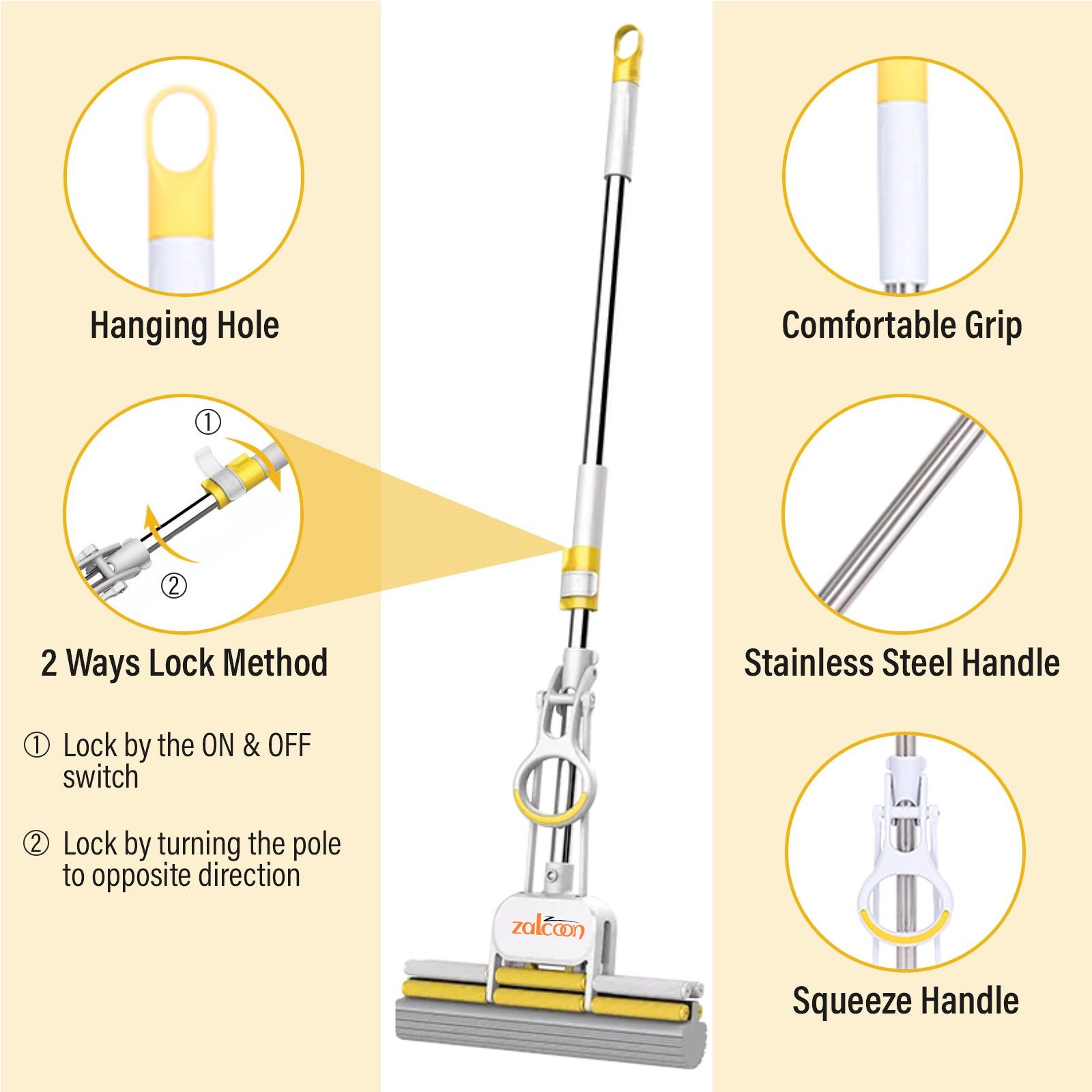 ZALCOON PVA Sponge Mop, Super Absorbent Foam Sponge Mop | Telescopic Handle, Quick Release Mop-head | Household Cleaning Tool for Hardwood, Multi-Surface Hard Floors (Pack of 3)