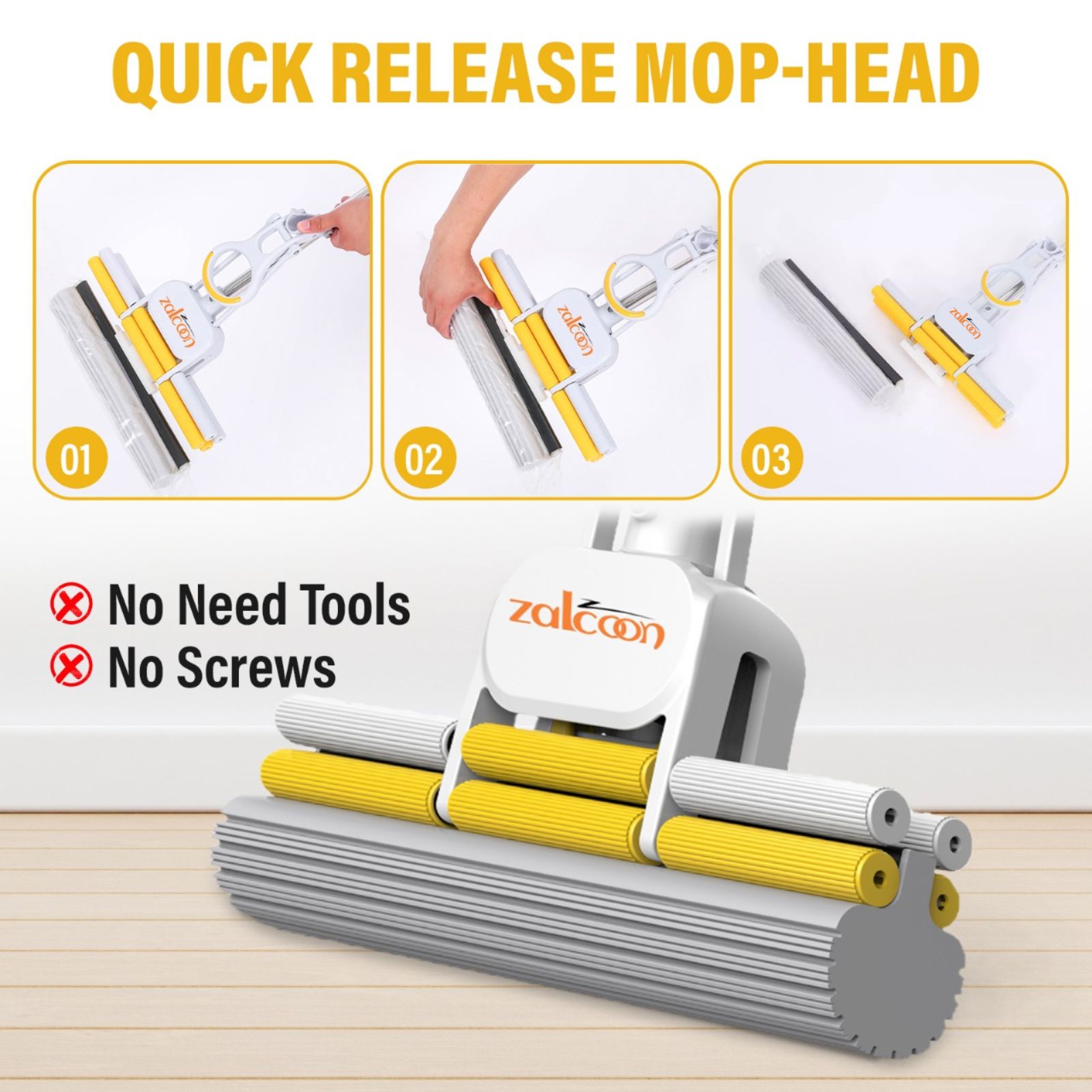 ZALCOON PVA Sponge Mop, Super Absorbent Foam Sponge Mop | Telescopic Handle, Quick Release Mop-head | Household Cleaning Tool for Hardwood, Multi-Surface Hard Floors (Pack of 3)