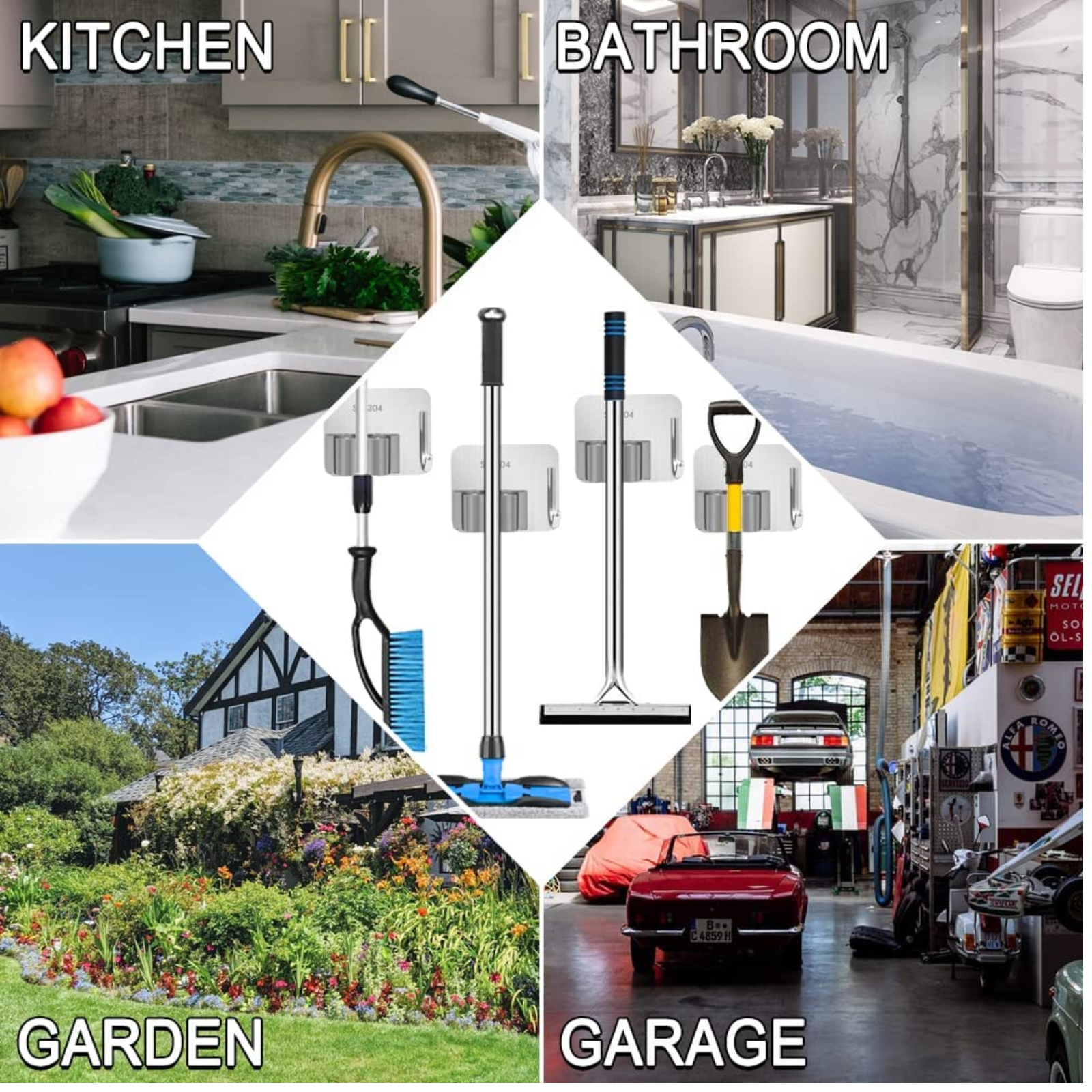 ZALCOON Mop Broom Holder Wall Mount - Mop Holder Self Adhesive Broom Hanger Stainless Steel for Home Garage Garden Laundry Room Storage, Kitchen Tools Organizer