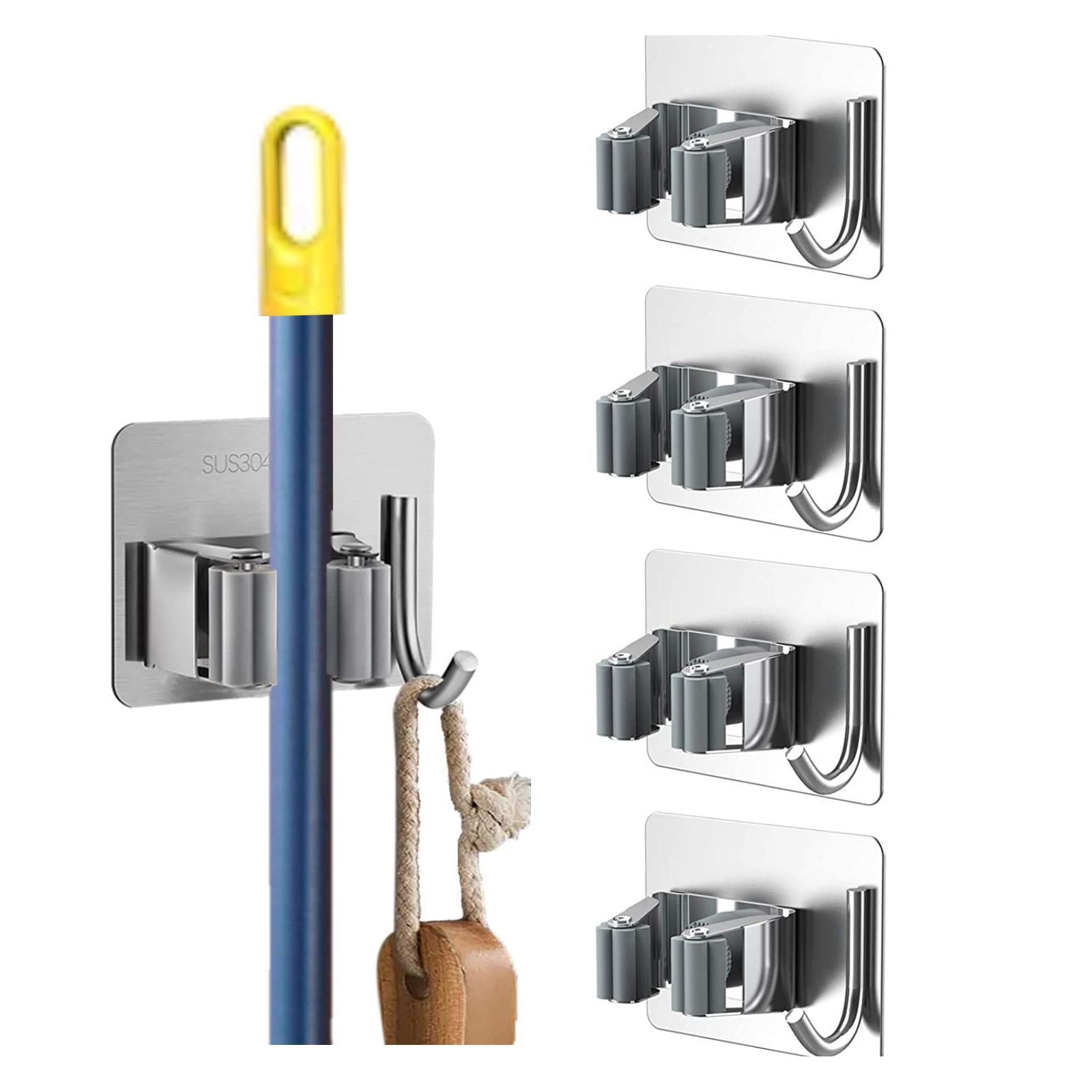 ZALCOON Mop Broom Holder Wall Mount - Mop Holder Self Adhesive Broom Hanger Stainless Steel for Home Garage Garden Laundry Room Storage, Kitchen Tools Organizer