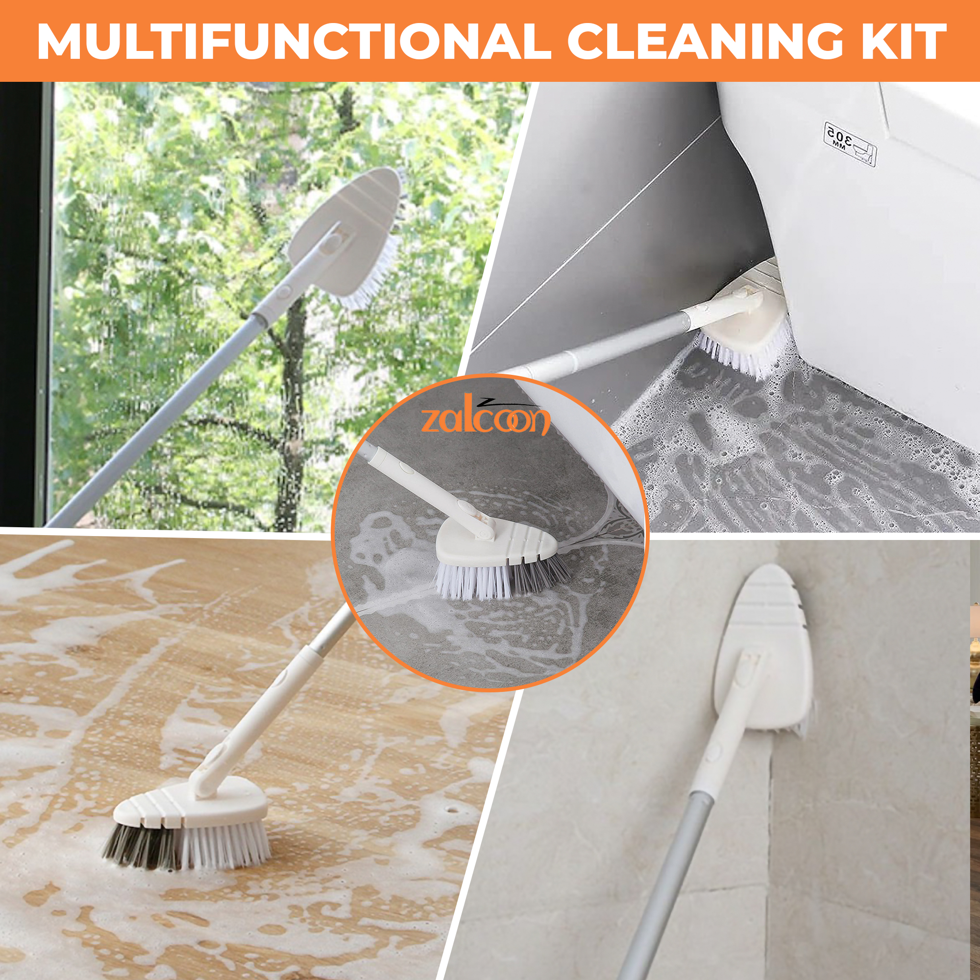 zalcoon 6-in-1 Household Cleaning Set, Extendable Pole, Fiber Duster, Electrostatic Flat mops, Indoor/Outdoor Broom, Tile scrubber, Wiper/Scraper Broom, 30 Dry and 20 Wet Disposable Sweeper Cloths