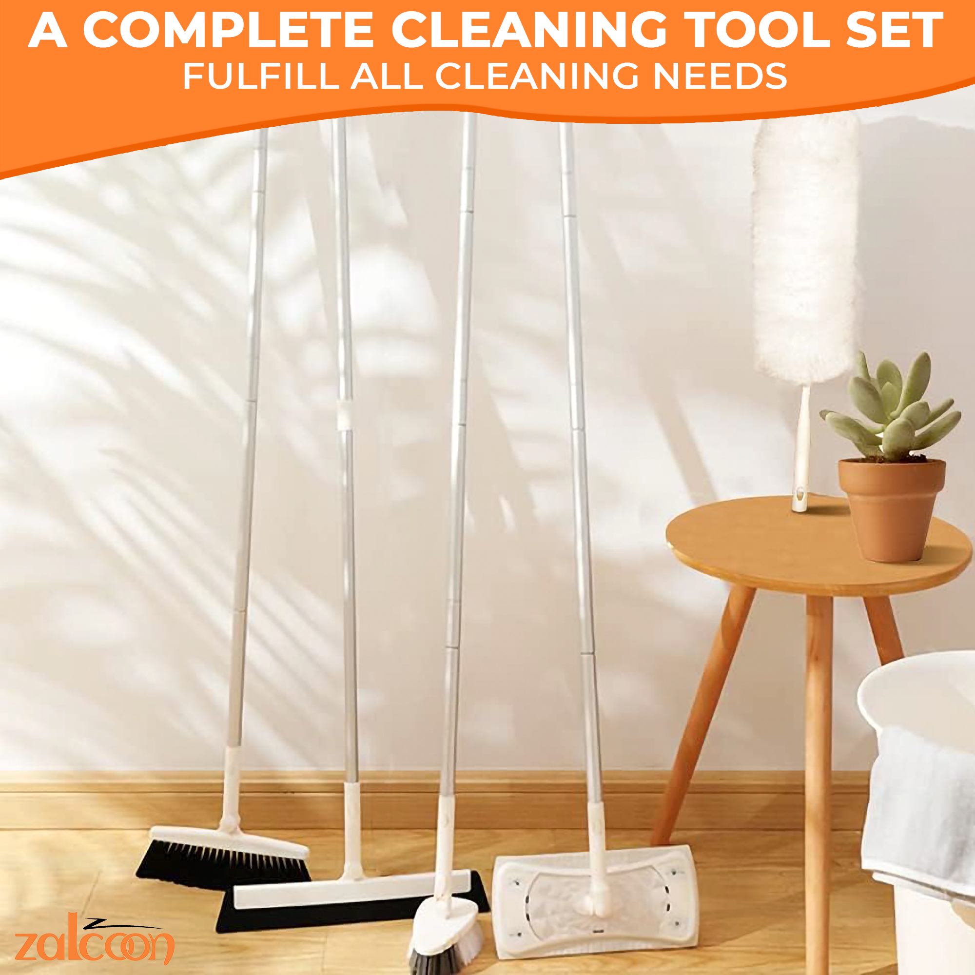 zalcoon 6-in-1 Household Cleaning Set, Extendable Pole, Fiber Duster, Electrostatic Flat mops, Indoor/Outdoor Broom, Tile scrubber, Wiper/Scraper Broom, 30 Dry and 20 Wet Disposable Sweeper Cloths