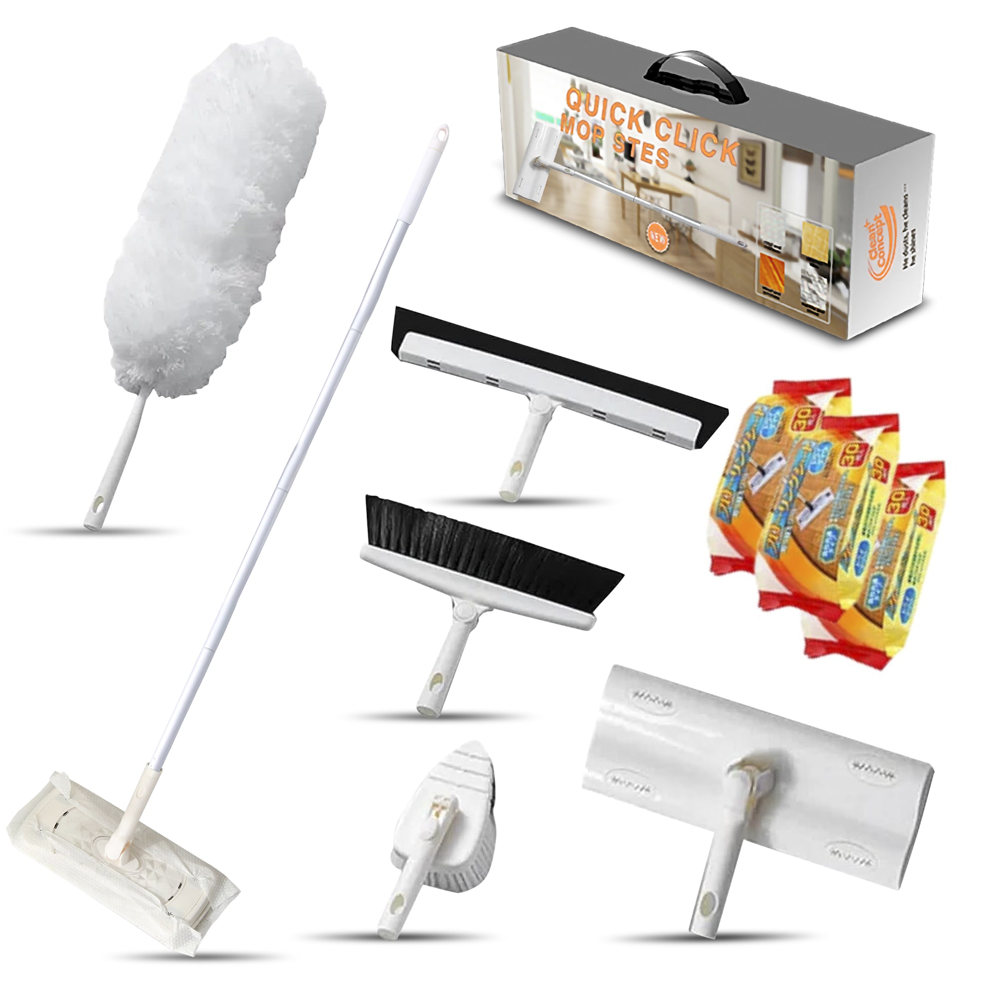 zalcoon 6-in-1 Household Cleaning Set, Extendable Pole, Fiber Duster, Electrostatic Flat mops, Indoor/Outdoor Broom, Tile scrubber, Wiper/Scraper Broom, 30 Dry and 20 Wet Disposable Sweeper Cloths