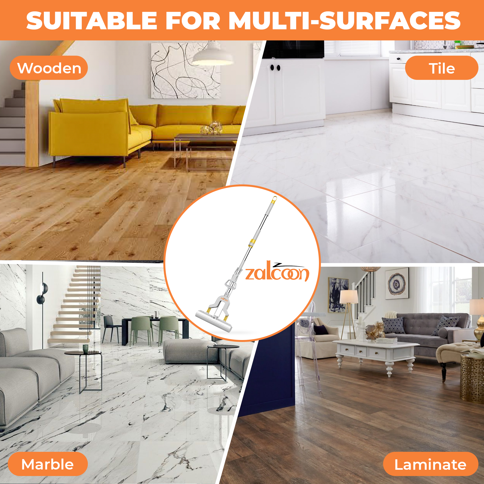 ZALCOON PVA Folding Sponge Mop, Self Squeeze Super Absorbent PVA Sponge Heads | Telescopic Metal Handel | Household Cleaning Tool for Kitchen, Tiles, Multi-Surface Hard Floors (Pack of 1)