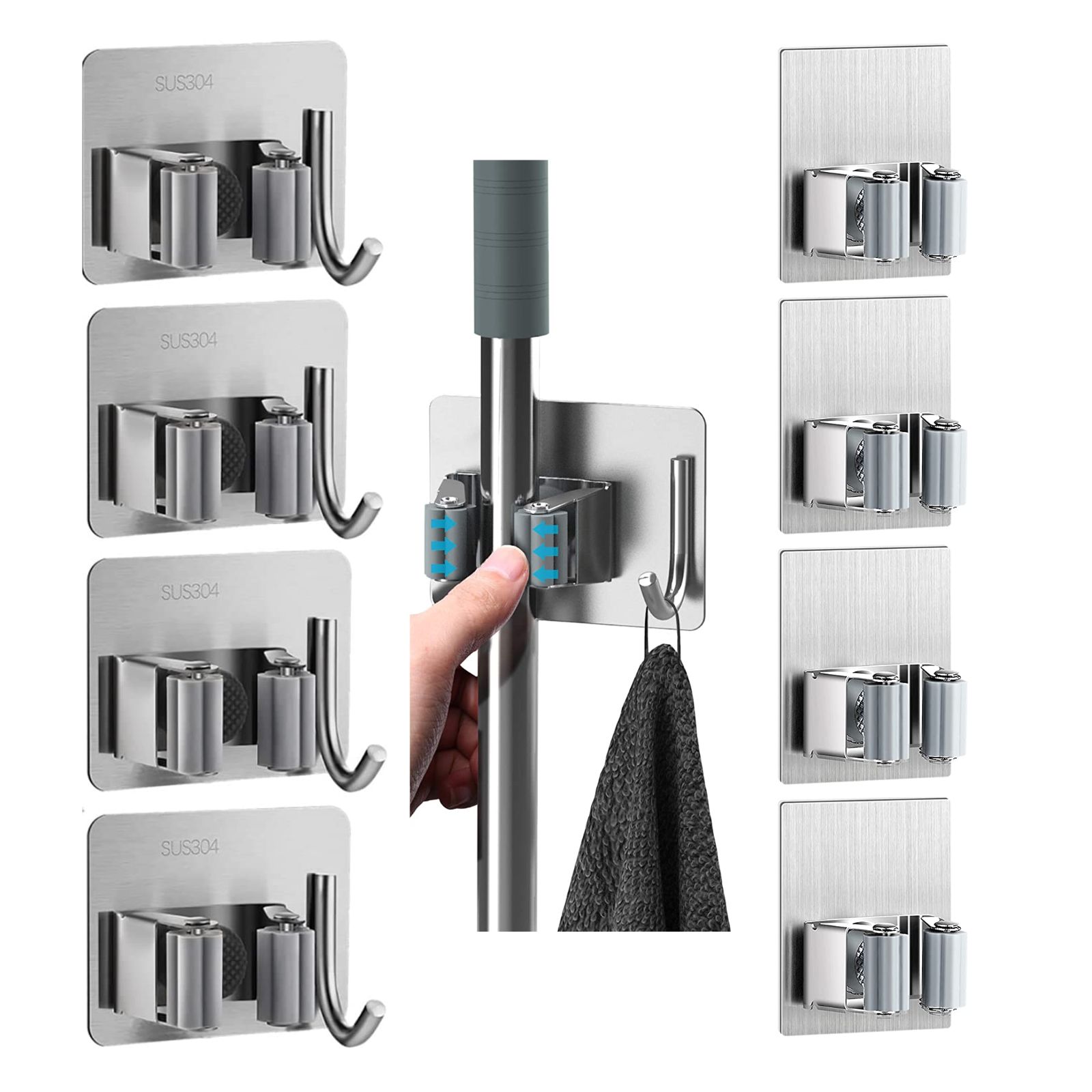 ZALCOON Mop Broom Holder Wall Mount - Mop Holder Self Adhesive Broom Hanger Stainless Steel for Home Garage Garden Laundry Room Storage, Kitchen Tools Organizer