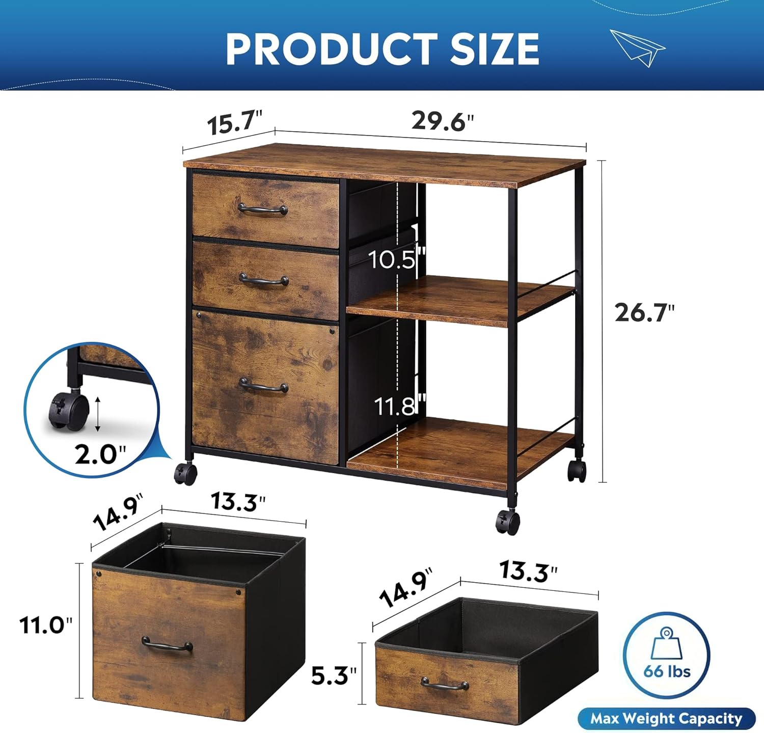 3 Drawer Mobile File Cabinet, Rolling Printer Stand with Open Storage Shelf, Fabric Lateral Filing Cabinet fits A4 or Letter Size for Home Office, Rustic Brown Wood Grain Print