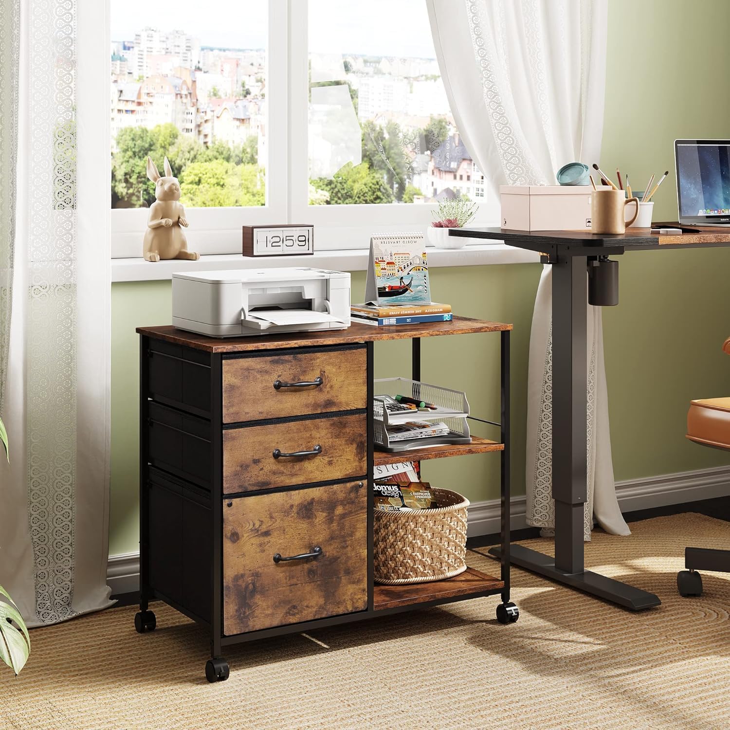 3 Drawer Mobile File Cabinet, Rolling Printer Stand with Open Storage Shelf, Fabric Lateral Filing Cabinet fits A4 or Letter Size for Home Office, Rustic Brown Wood Grain Print