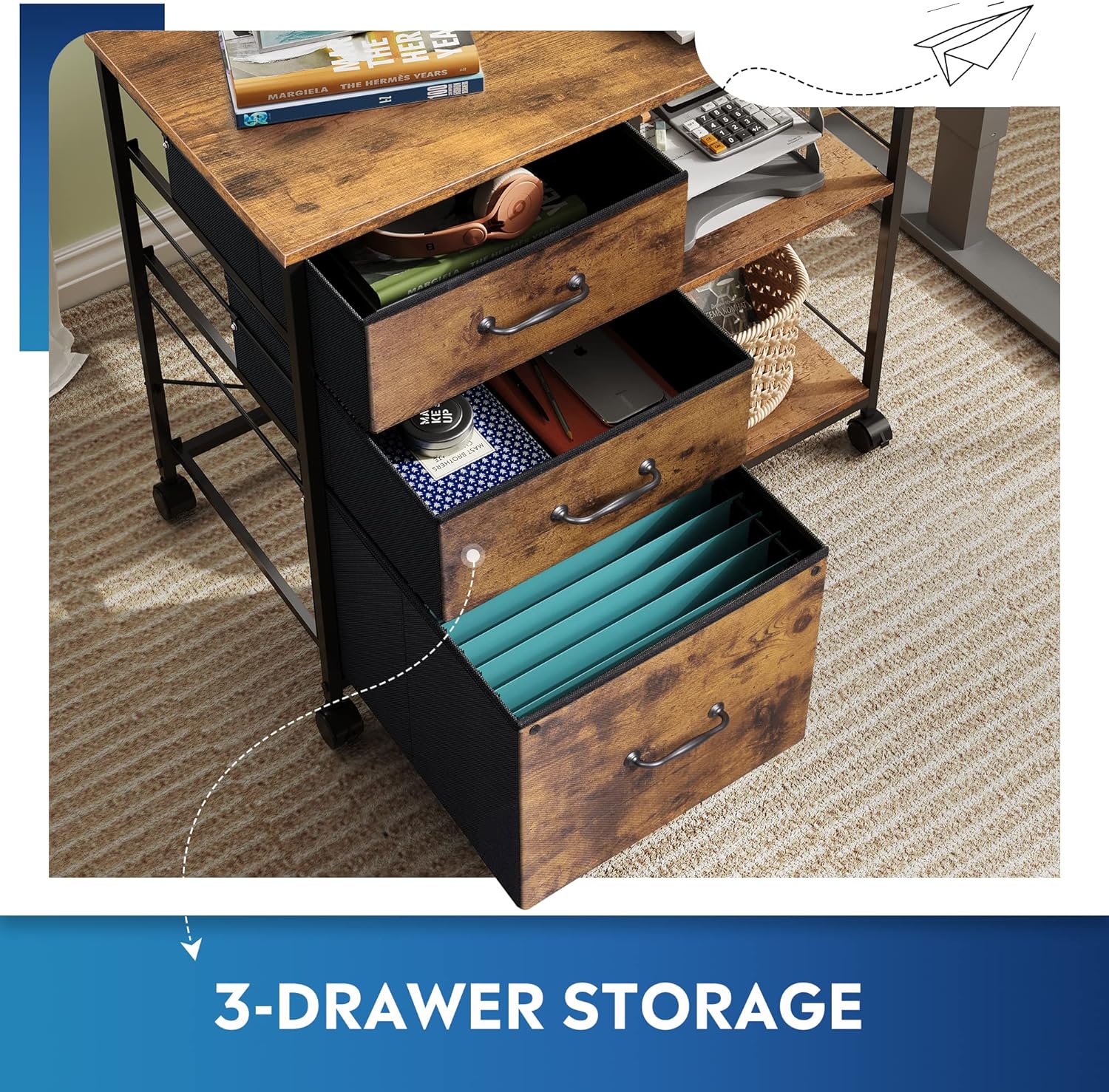 3 Drawer Mobile File Cabinet, Rolling Printer Stand with Open Storage Shelf, Fabric Lateral Filing Cabinet fits A4 or Letter Size for Home Office, Rustic Brown Wood Grain Print