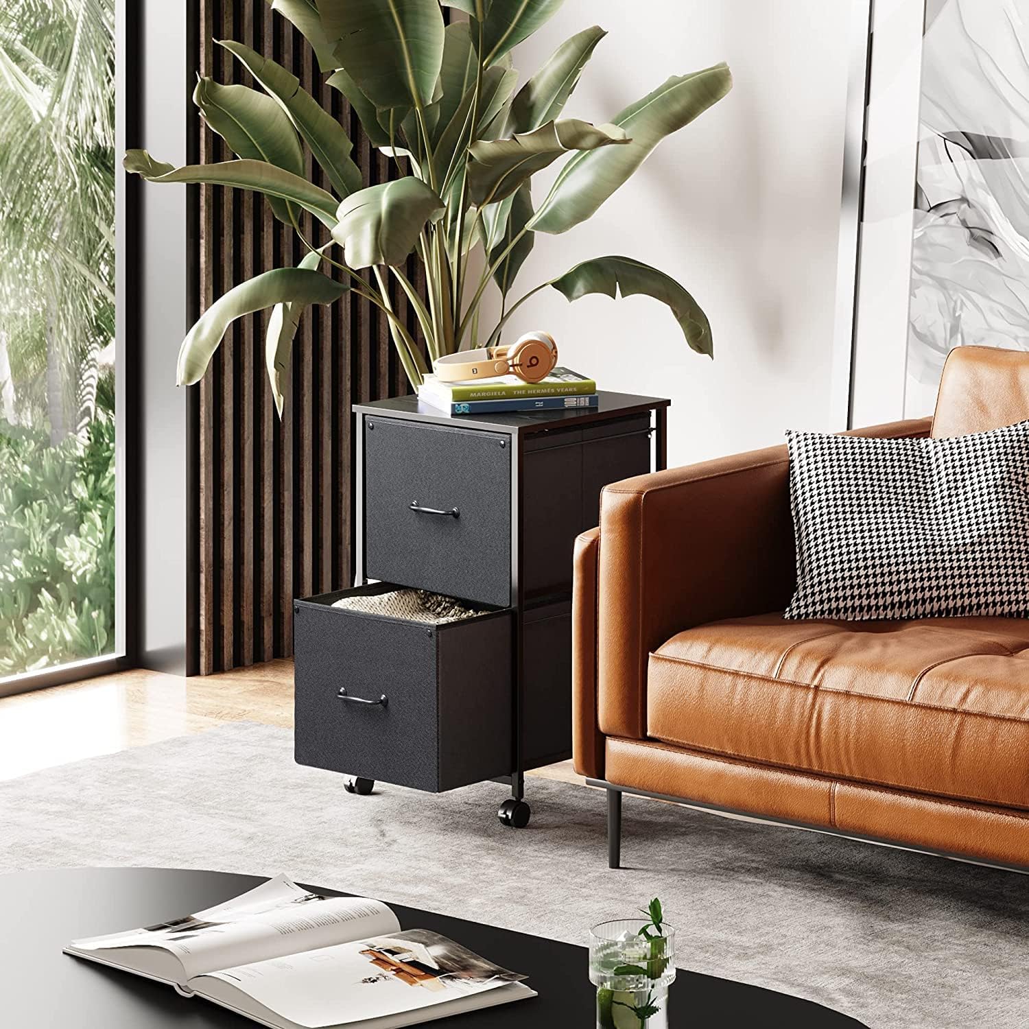 2 Drawer Mobile File Cabinet, Rolling Printer Stand, Fabric Vertical Filing Cabinet fits A4 or Letter Size for Home Office, Black