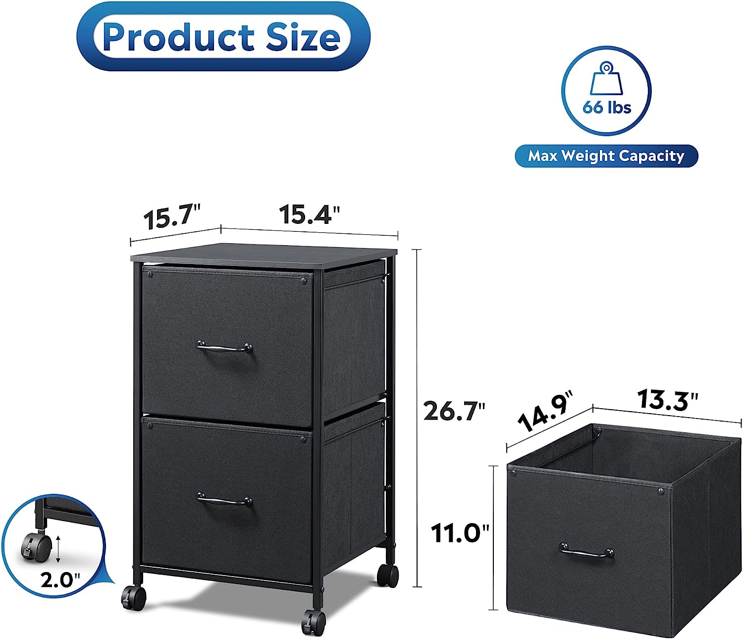 2 Drawer Mobile File Cabinet, Rolling Printer Stand, Fabric Vertical Filing Cabinet fits A4 or Letter Size for Home Office, Black