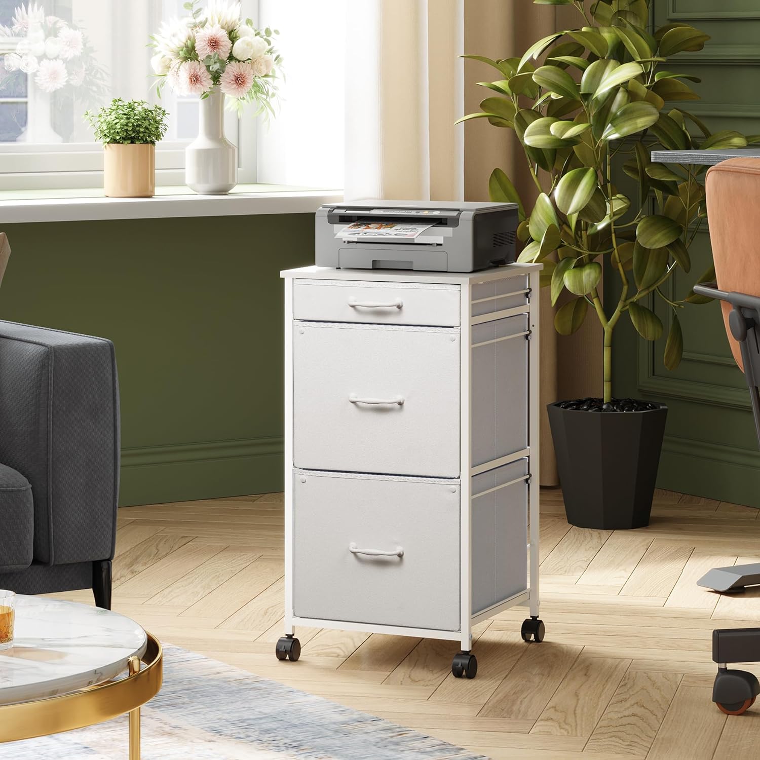 Mobile File Cabinet, Dresser for Bedroom with 3 Drawers, Printer Stand with Fabric Drawers, Vertical Filing Cabinet fits A4 or Letter Size for Home Office, White