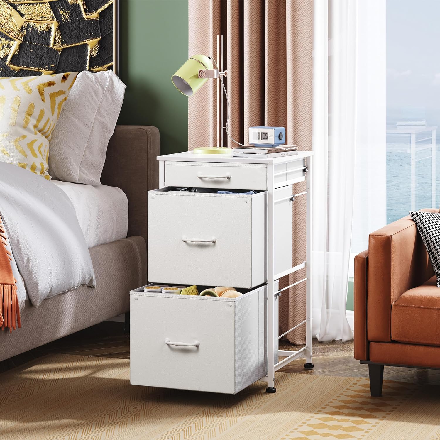 Mobile File Cabinet, Dresser for Bedroom with 3 Drawers, Printer Stand with Fabric Drawers, Vertical Filing Cabinet fits A4 or Letter Size for Home Office, White