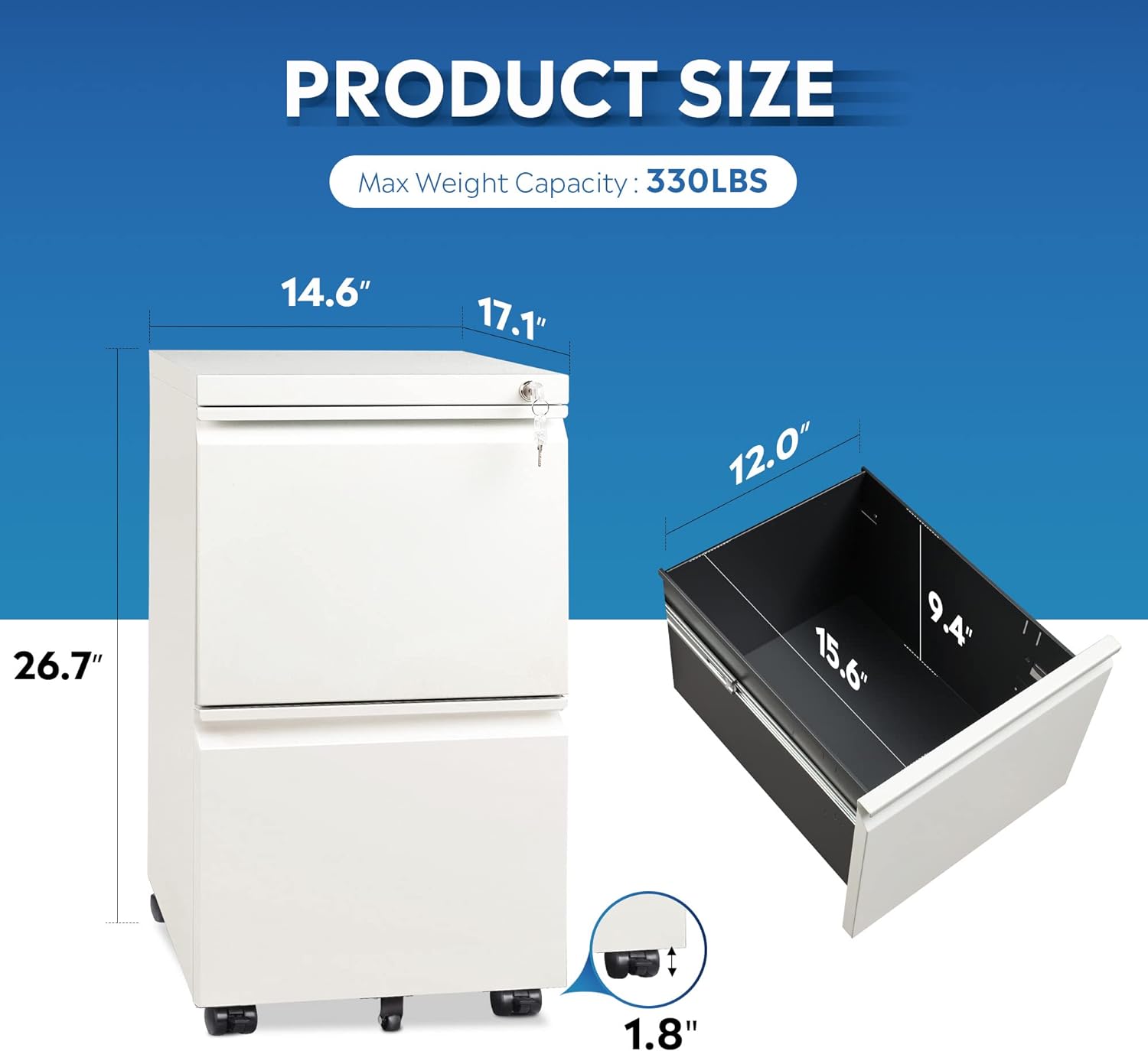 2-Drawer Mobile File Cabinet with Lock, Commercial Vertical Cabinet, White