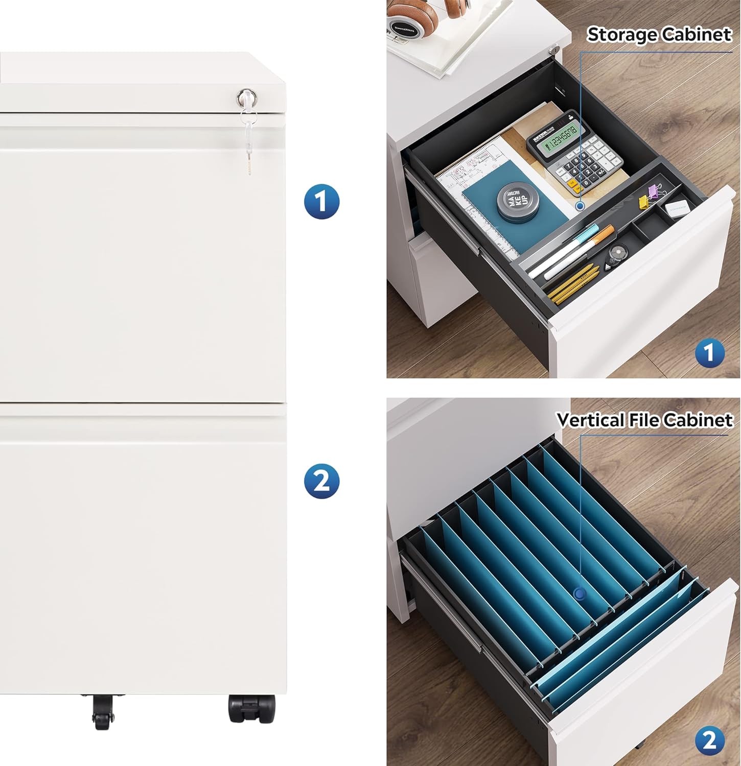 2-Drawer Mobile File Cabinet with Lock, Commercial Vertical Cabinet, White