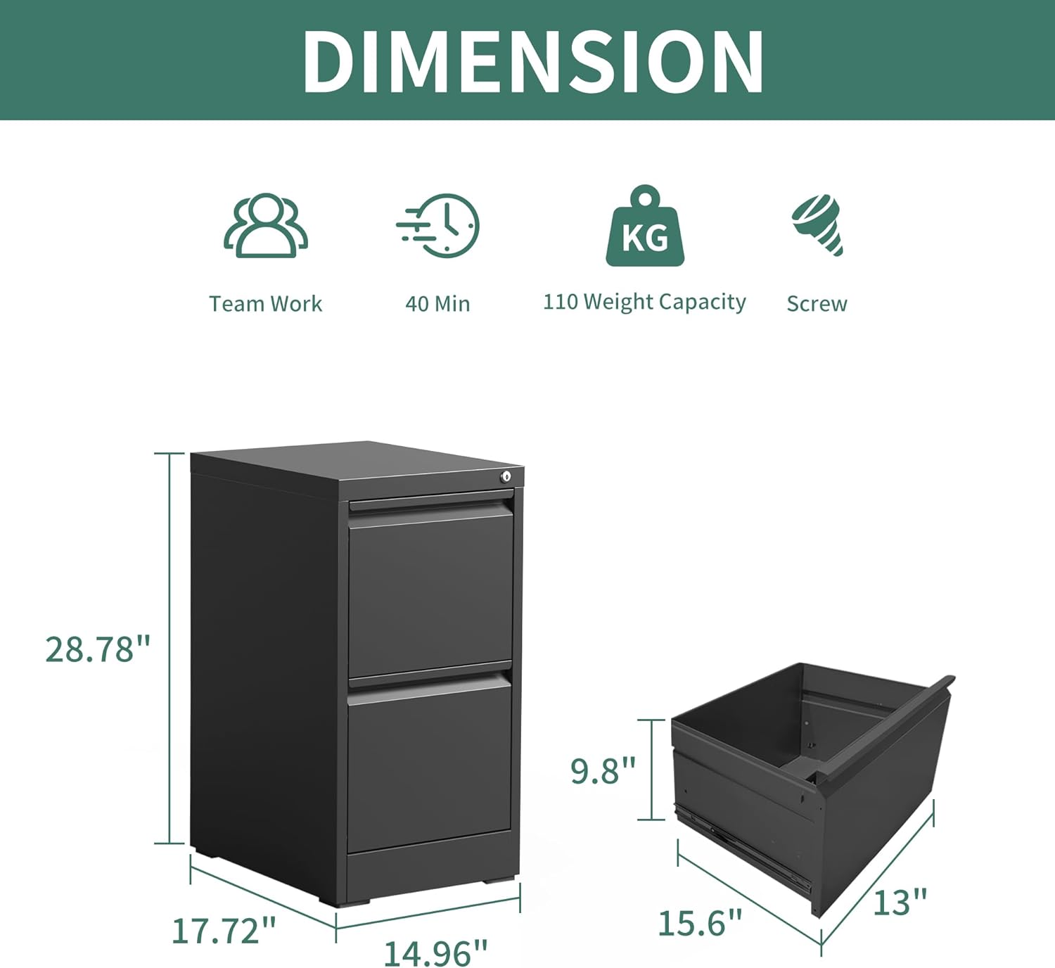 2 Drawer File Cabinet with Lock, Metal Vertical Filing Cabinets for Home Office, Steel Storage Cabinet for Hanging LegalLetter Size Files, Assembly Required (Black)