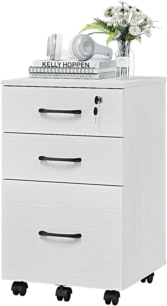 3 Drawer Wood Mobile File Cabinet, Under Desk Storage Drawers Small File Cabinet for Home Office (White)