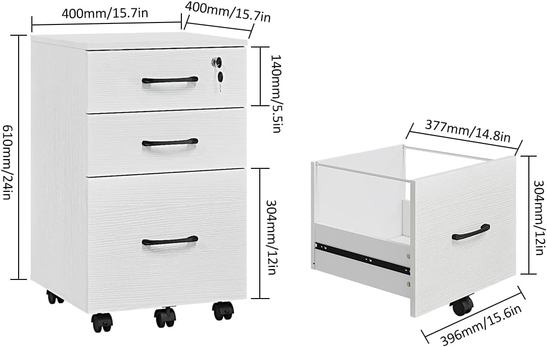 3 Drawer Wood Mobile File Cabinet, Under Desk Storage Drawers Small File Cabinet for Home Office (White)