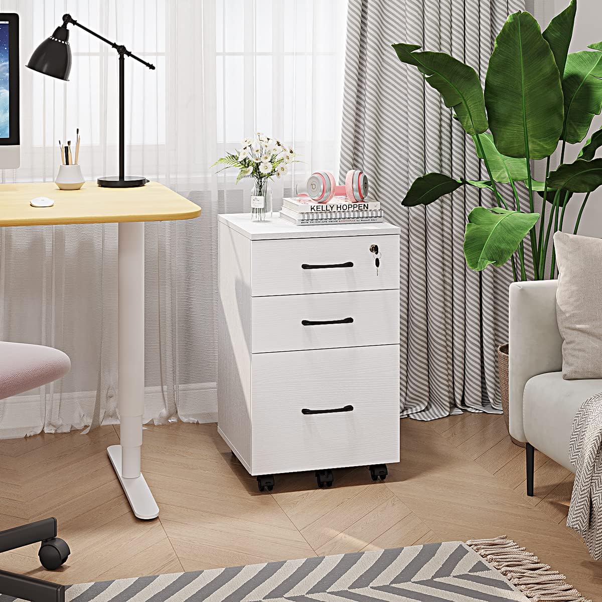 3 Drawer Wood Mobile File Cabinet, Under Desk Storage Drawers Small File Cabinet for Home Office (White)