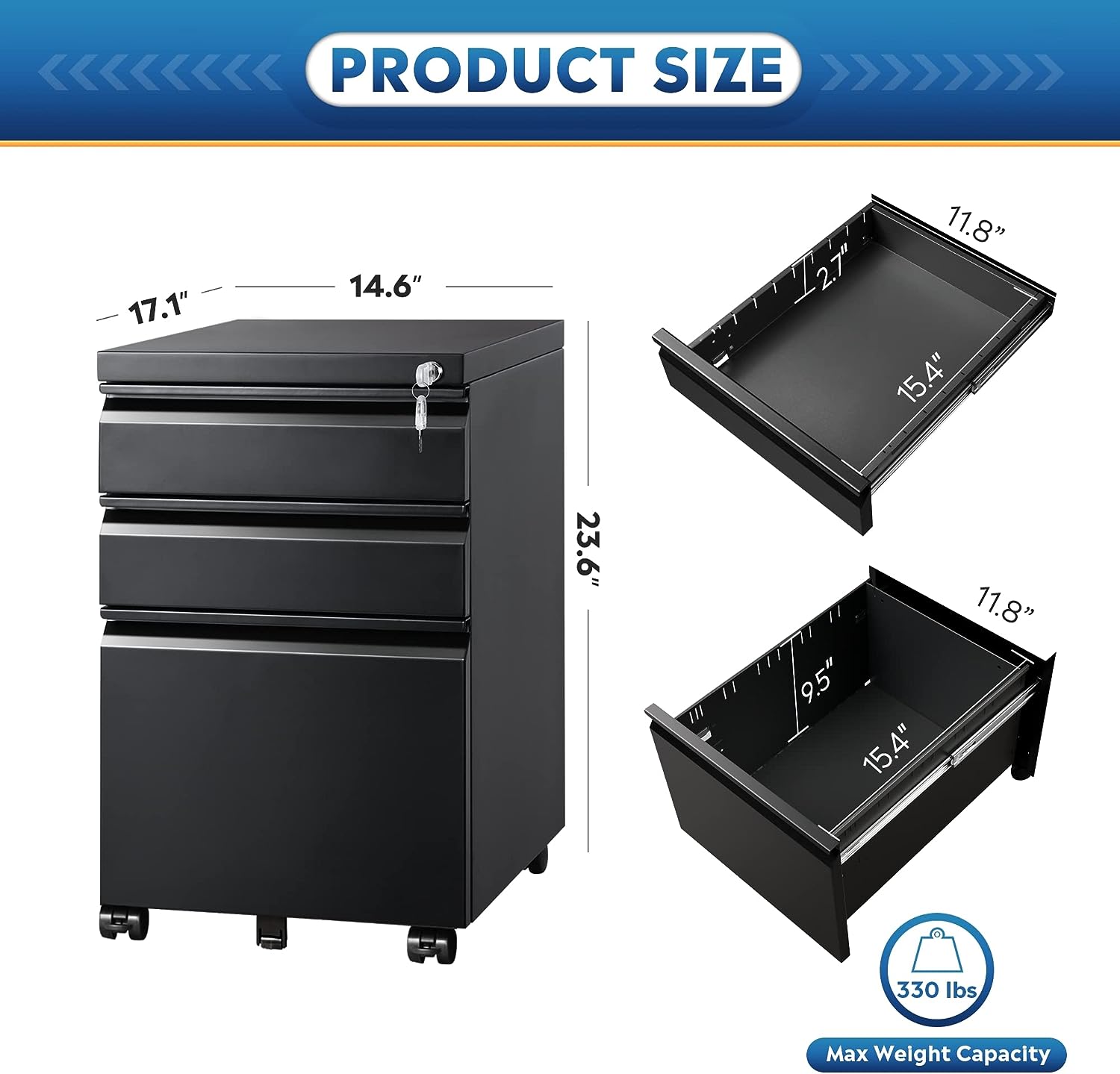 3 Drawer Mobile File Cabinet with Lock, Under Desk Metal Filing Cabinet for Legal/Letter/A4 File, Fully Assembled Except Wheels, Black