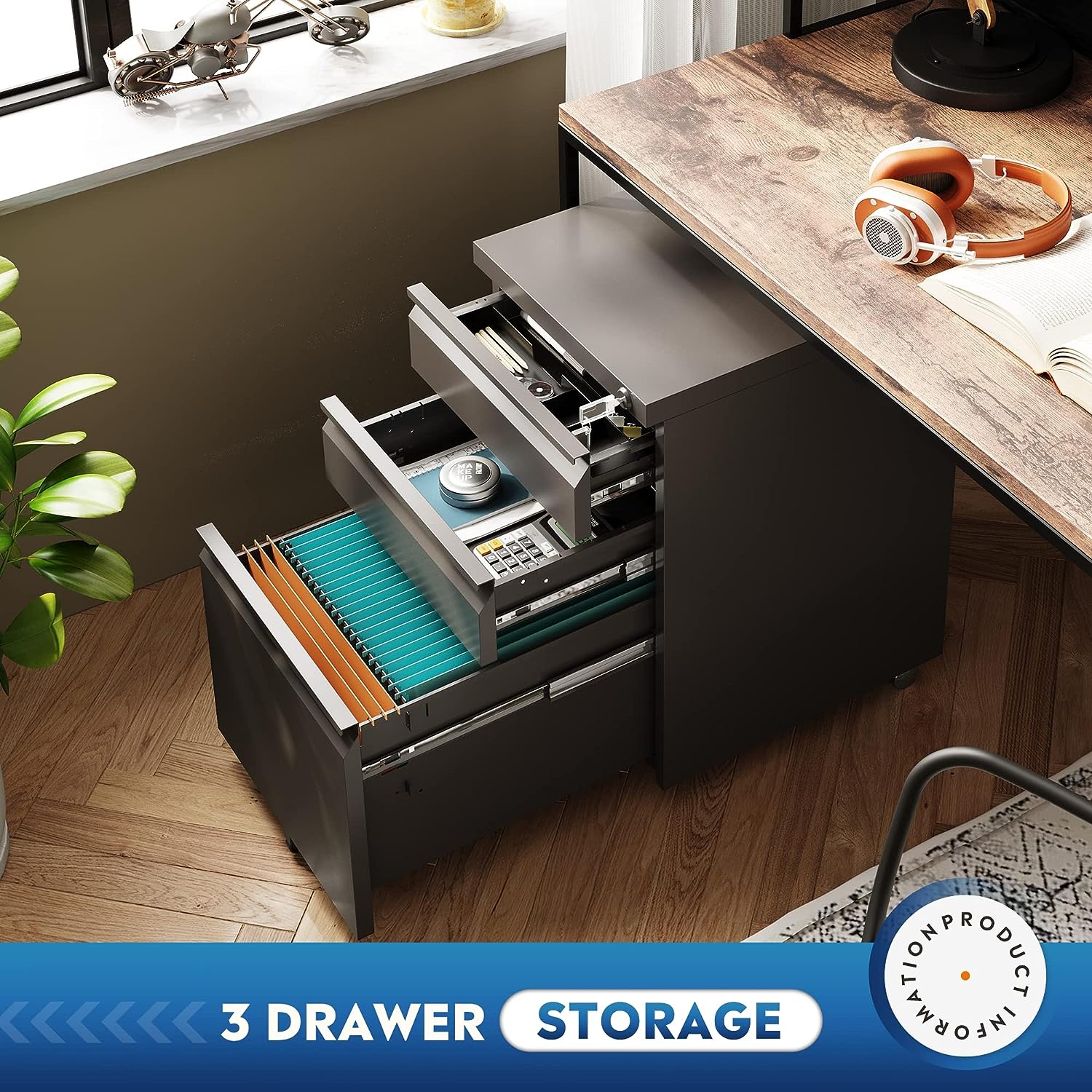 3 Drawer Mobile File Cabinet with Lock, Under Desk Metal Filing Cabinet for Legal/Letter/A4 File, Fully Assembled Except Wheels, Black