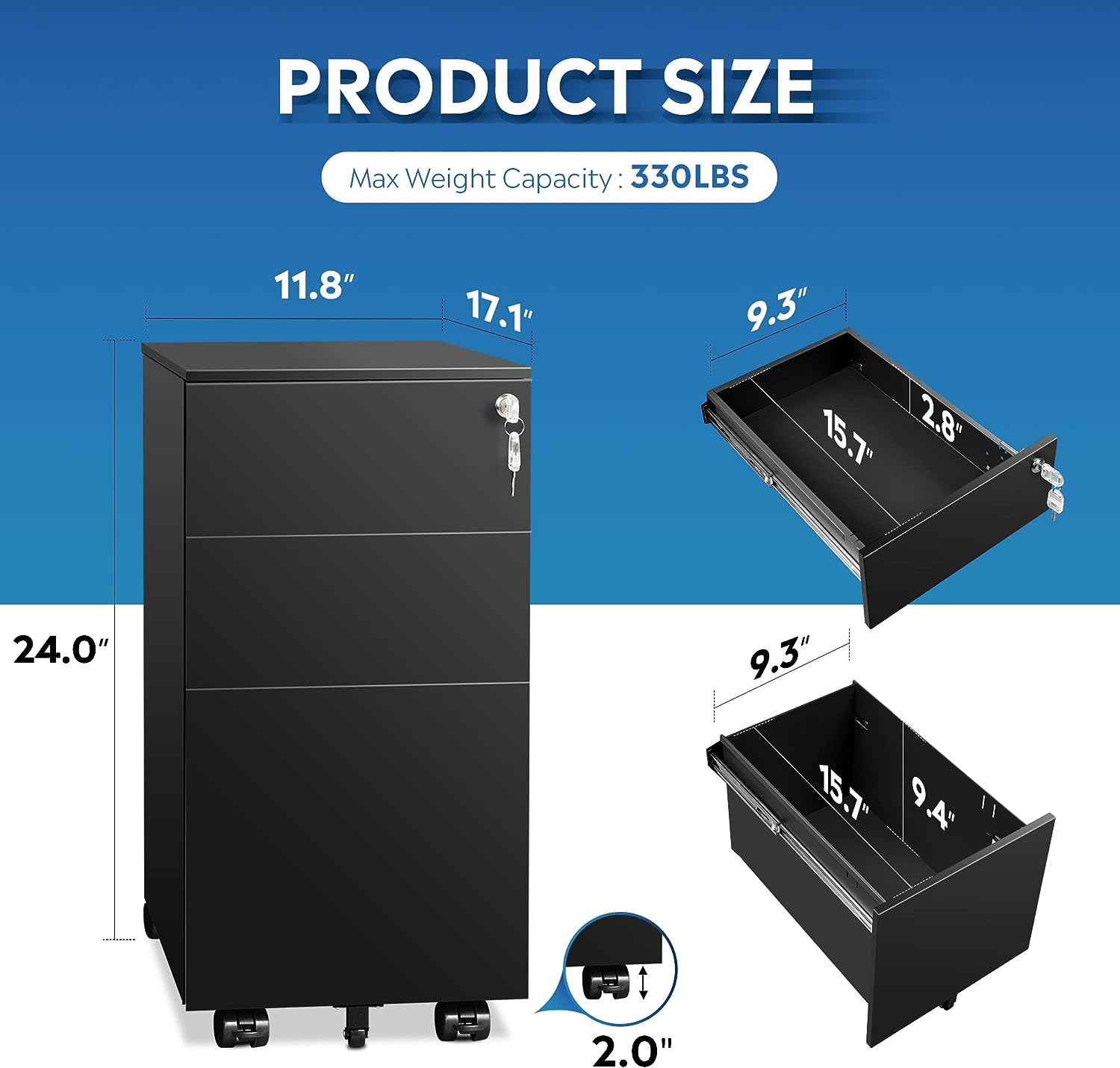 3 Drawer Vertical File Cabinet, Mobile Filing Cabinet with Slim Width for Home Office, Black