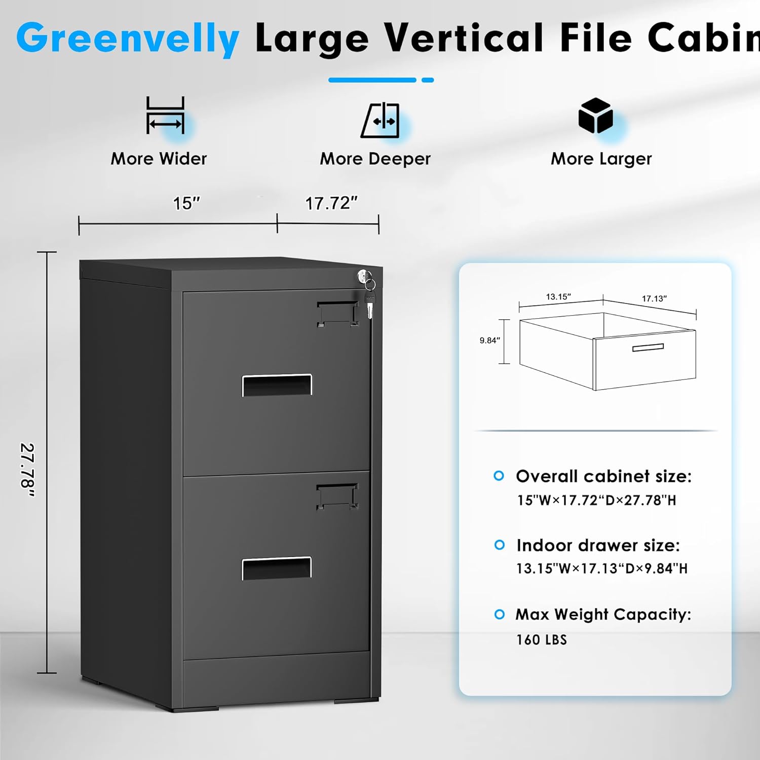 18" D File Cabinet, 2 Drawer Vertical File Cabinet with Lock, Locking Filing Cabinet for Home Office, Black Metal File Cabinet for Hanging Letter/Legal Folders, Easy Assemble