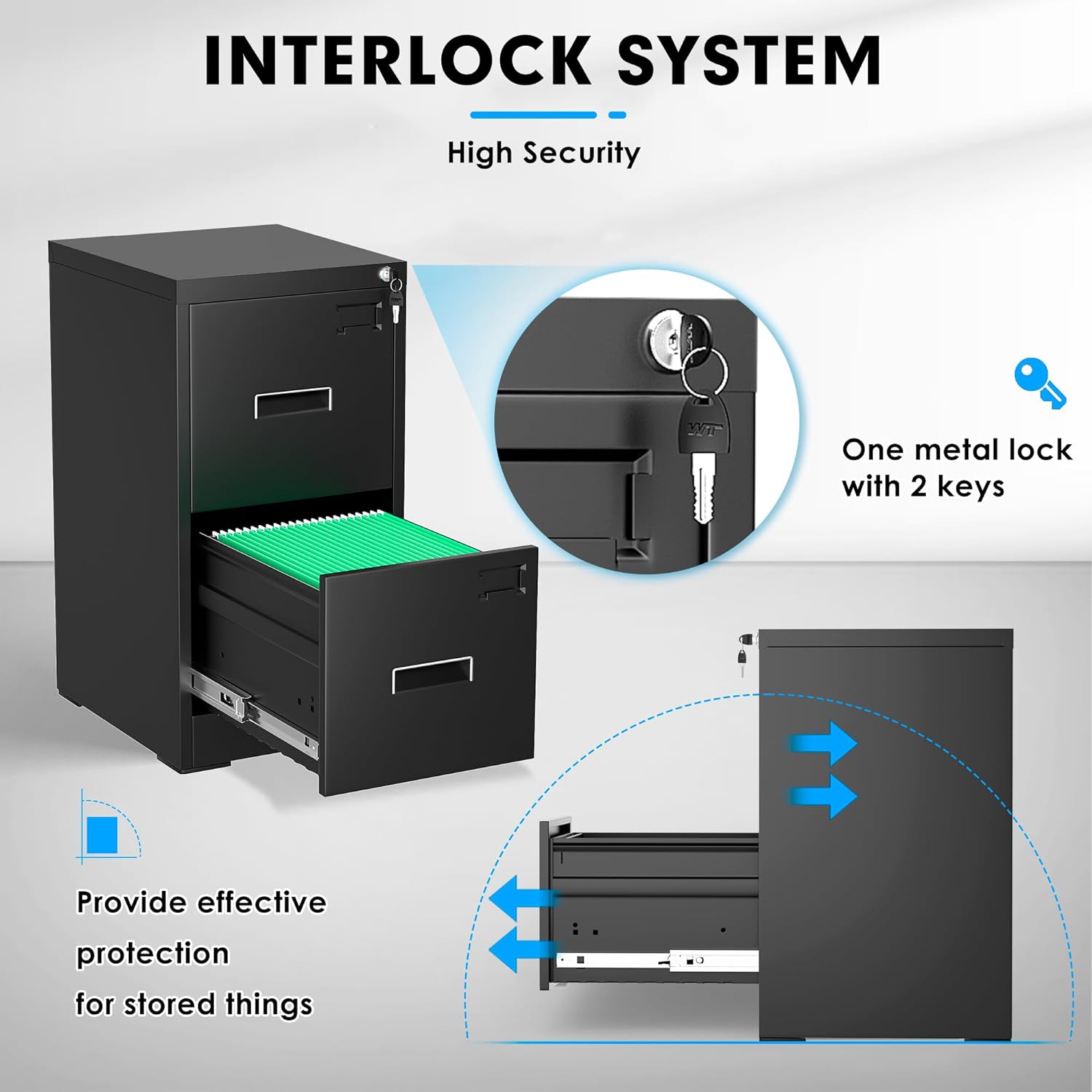 18" D File Cabinet, 2 Drawer Vertical File Cabinet with Lock, Locking Filing Cabinet for Home Office, Black Metal File Cabinet for Hanging Letter/Legal Folders, Easy Assemble