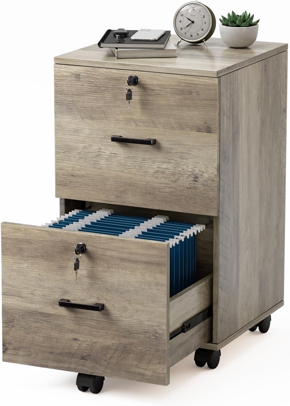 2 Drawer File Cabinet with Lock, Wood Rustic Gray File Cabinet for Letter Size File Folders with Tabs, Under Desk Rolling File Cabinets for Home Office, Mobile Filing Cabinet Printer Stand