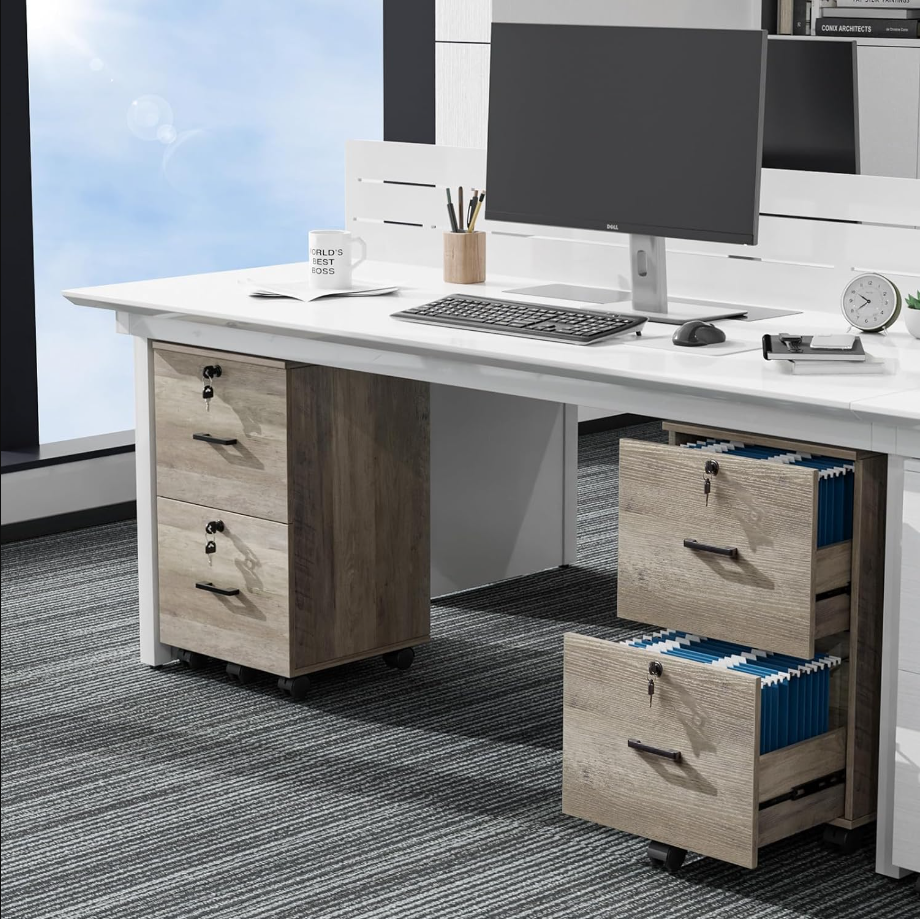 2 Drawer File Cabinet with Lock, Wood Rustic Gray File Cabinet for Letter Size File Folders with Tabs, Under Desk Rolling File Cabinets for Home Office, Mobile Filing Cabinet Printer Stand