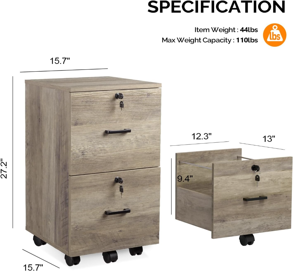 2 Drawer File Cabinet with Lock, Wood Rustic Gray File Cabinet for Letter Size File Folders with Tabs, Under Desk Rolling File Cabinets for Home Office, Mobile Filing Cabinet Printer Stand