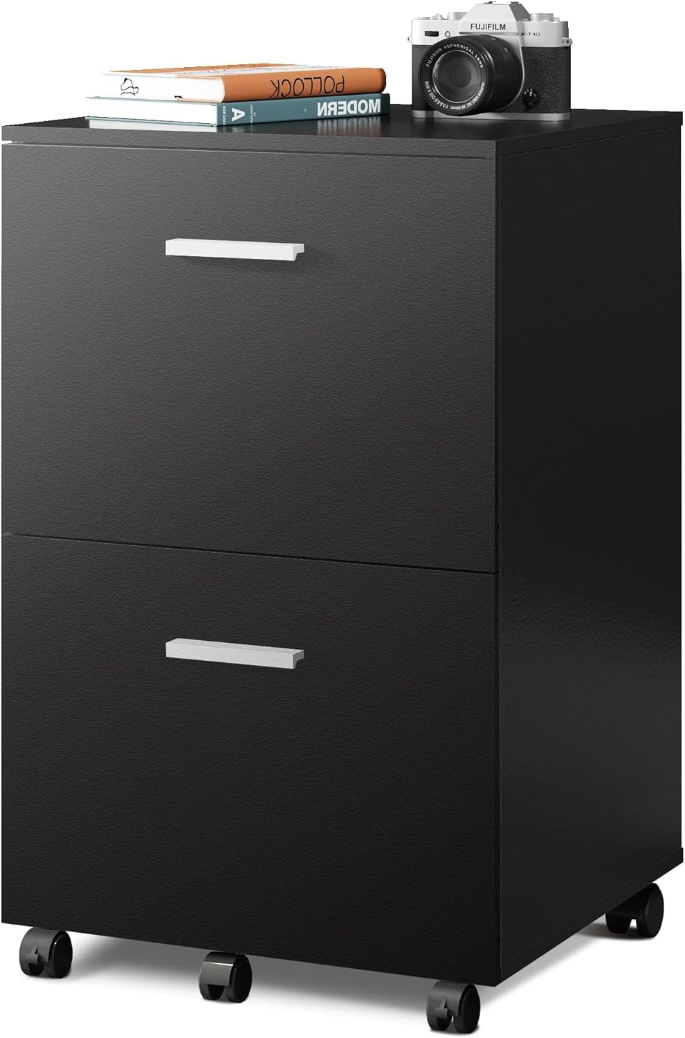 2 Drawer File Cabinet, Mobile Printer Stand, Wood Filing Cabinet fits A4 or Letter Size for Home Office, Black