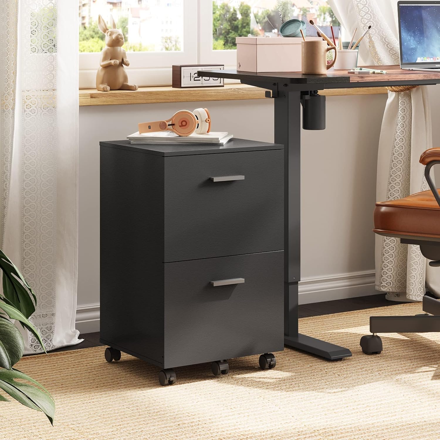 2 Drawer File Cabinet, Mobile Printer Stand, Wood Filing Cabinet fits A4 or Letter Size for Home Office, Black