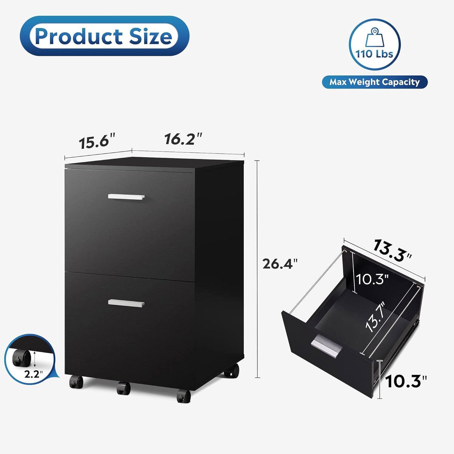 2 Drawer File Cabinet, Mobile Printer Stand, Wood Filing Cabinet fits A4 or Letter Size for Home Office, Black