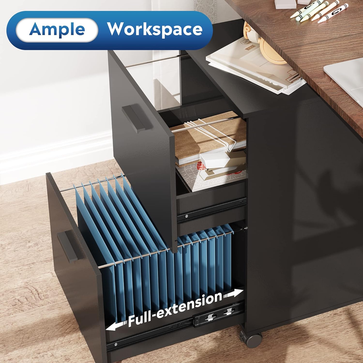 2 Drawer File Cabinet, Mobile Printer Stand, Wood Filing Cabinet fits A4 or Letter Size for Home Office, Black