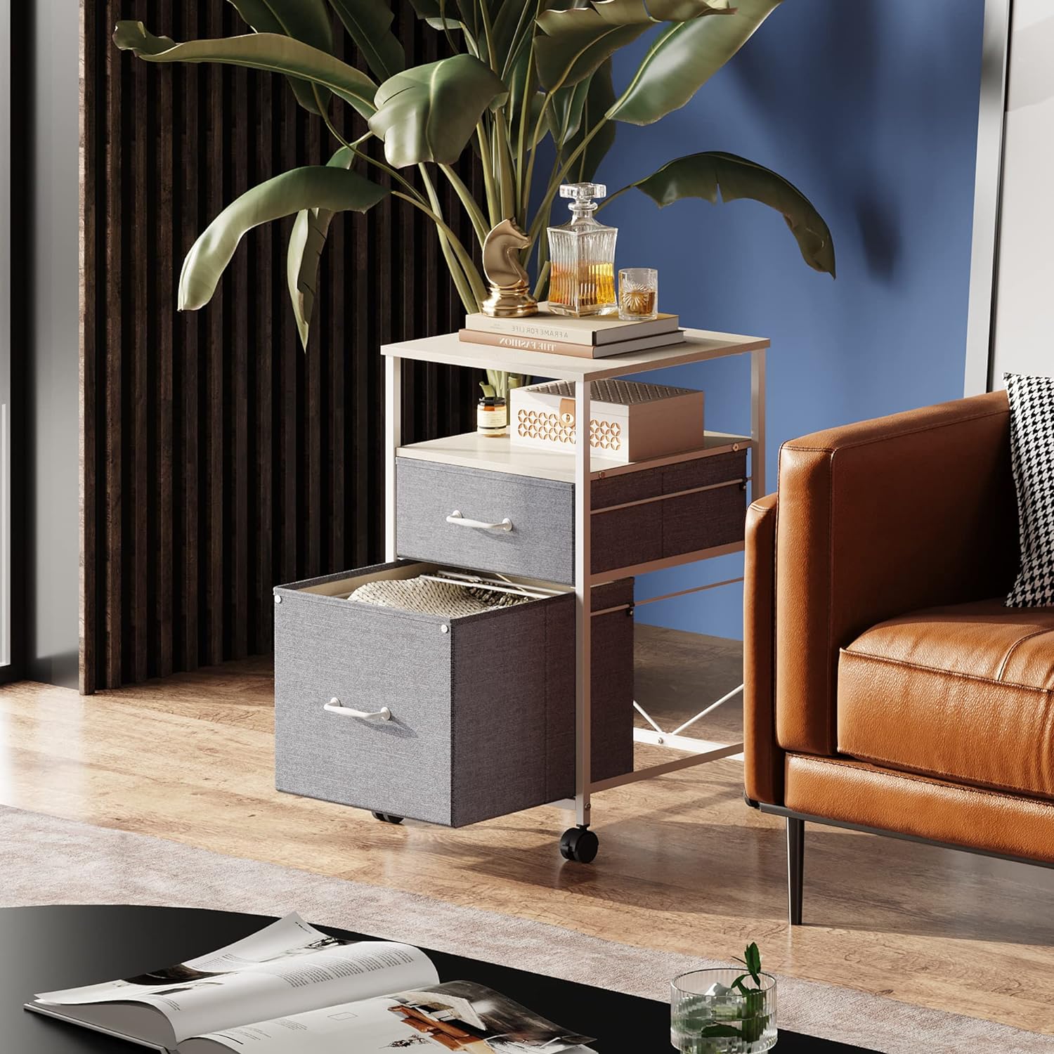 2 Drawer Mobile File Cabinet, Rolling Printer Stand with Open Storage Shelf, Fabric Vertical Filing Cabinet fits A4 or Letter Size for Home Office, Light Grey