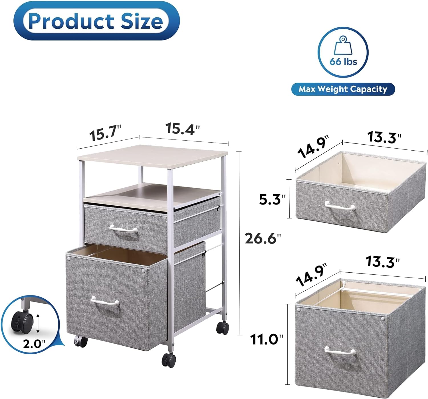 2 Drawer Mobile File Cabinet, Rolling Printer Stand with Open Storage Shelf, Fabric Vertical Filing Cabinet fits A4 or Letter Size for Home Office, Light Grey